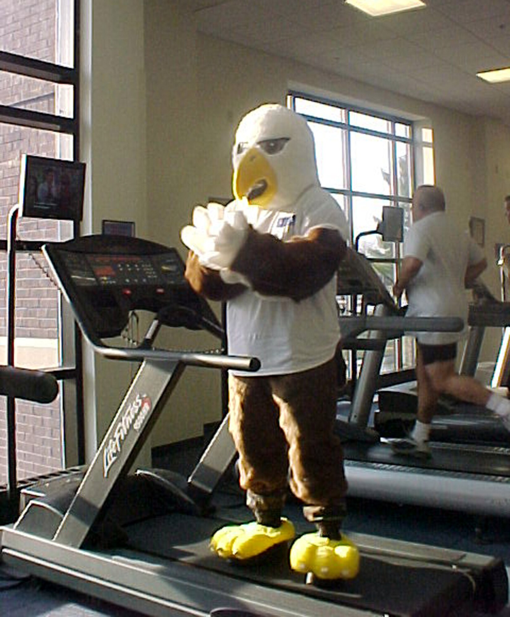 HAWCEYE, the HAWC’s mascot, which stands for Health and Wellness Center enhancing your energy, motivates people to exercise in the McGuire Fitness Center. The HAWC staff encourages everyone to incorporate some sort of exercise into their daily routine. (U.S. Air Force courtesy photo)