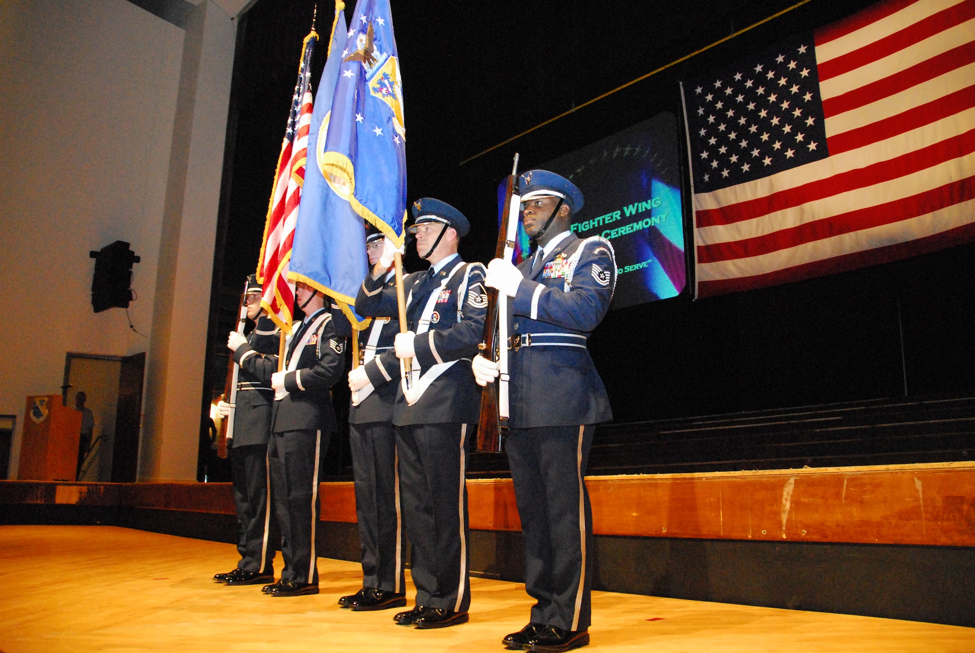 The 148th Fighter Wing Honor Guard posts the colors during a deployment ceremony in Duluth, Minn. Nov. 2, 2008.  Approximately 300 148th Fighter Wing members will deploy overseas in support of Operation Iraqi Freedom and/or Operation Enduring Freedom between Sept 2008 and Jan 2009. (U.S. Air Force photo by TSgt Amie Dahl) (Released)