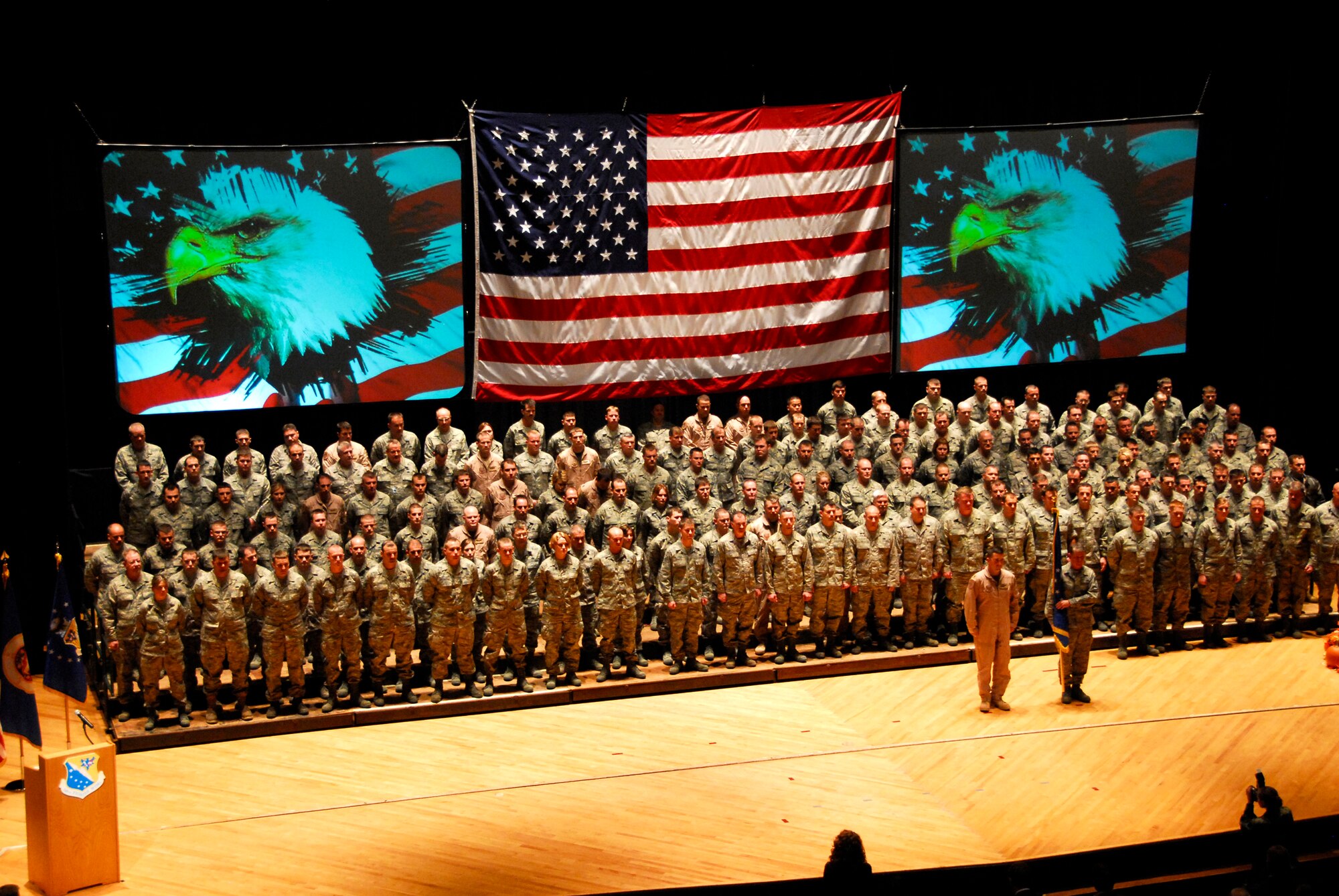 202 members of the 148th Fighter Wing, Duluth, Minn. stand in formation during a deployment ceremony in Duluth, Minn. Nov. 2, 2008.  Approximately 300 148th Fighter Wing members will deploy overseas in support of Operation Iraqi Freedom and/or Operation Enduring Freedom between Sept 2008 and Jan 2009. (U.S. Air Force photo by SSgt Donald L. Acton) (Released)
