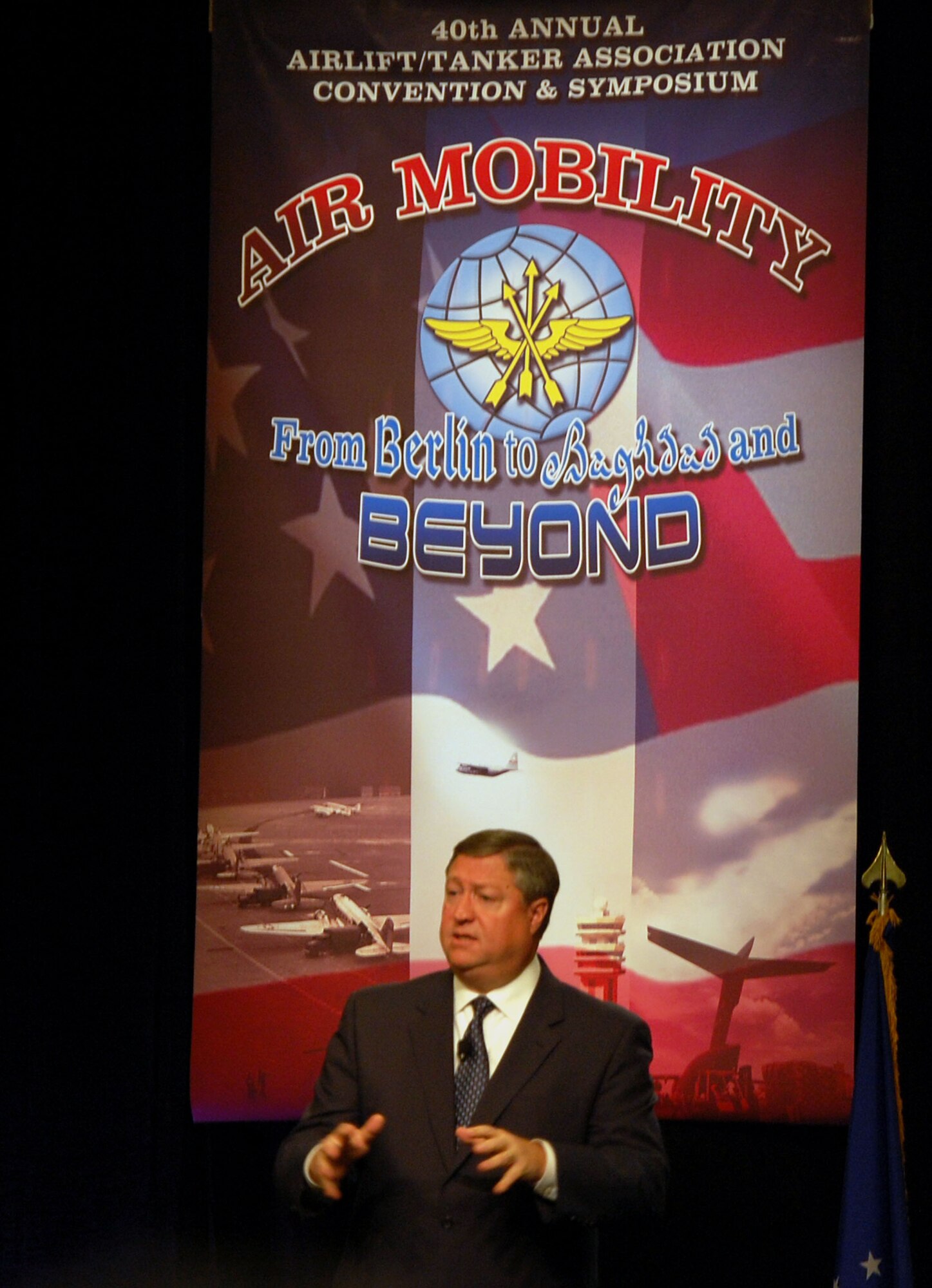 Secretary of the Air Force Michael B. Donley addresses thousands of attendees at the 2008 Airlift/Tanker Association convention Nov. 7 in Anaheim, Calif.  Secretary Donley provided an update on the Air Force vision and priorities and highlighted the importance of mobility in today's Air Force.  (U.S. Air Force Photo/Tech. Sgt. Scott T. Sturkol)