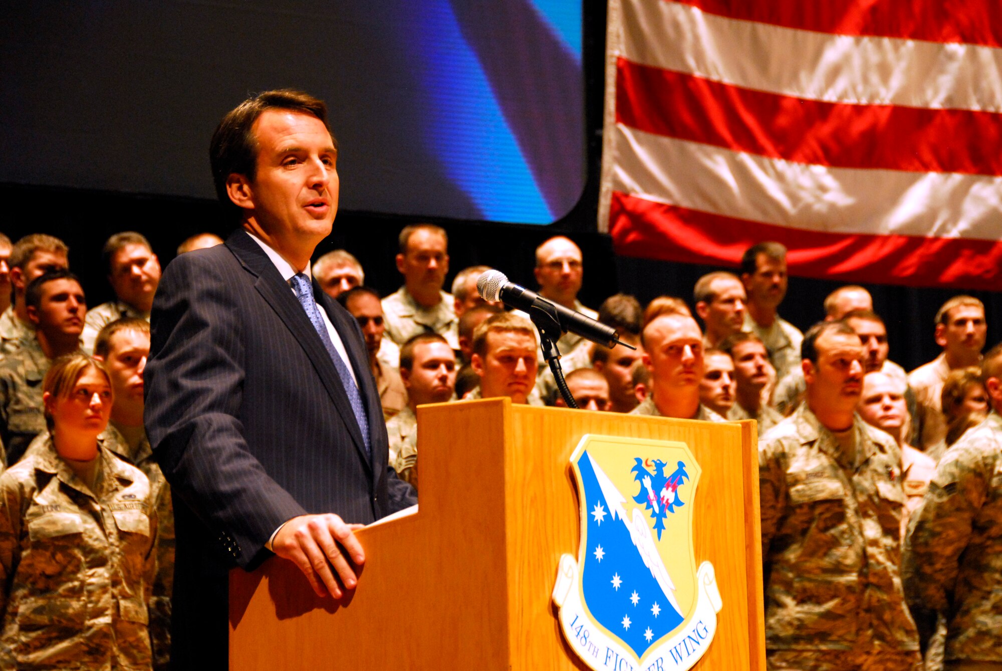 Minnesota Governor Tim Pawlenty speaks during a deployment ceremony for the 148th Fighter Wing based in Duluth, Minn. at the Duluth Entertainment and Convention Center Nov. 2, 2008.  Approximately 300 148th Fighter Wing members will deploy overseas in support of Operation Iraqi Freedom and/or Operation Enduring Freedom between Sept 2008 and Jan 2009. (U.S. Air Force photo by SSgt Donald L. Acton) (Released)