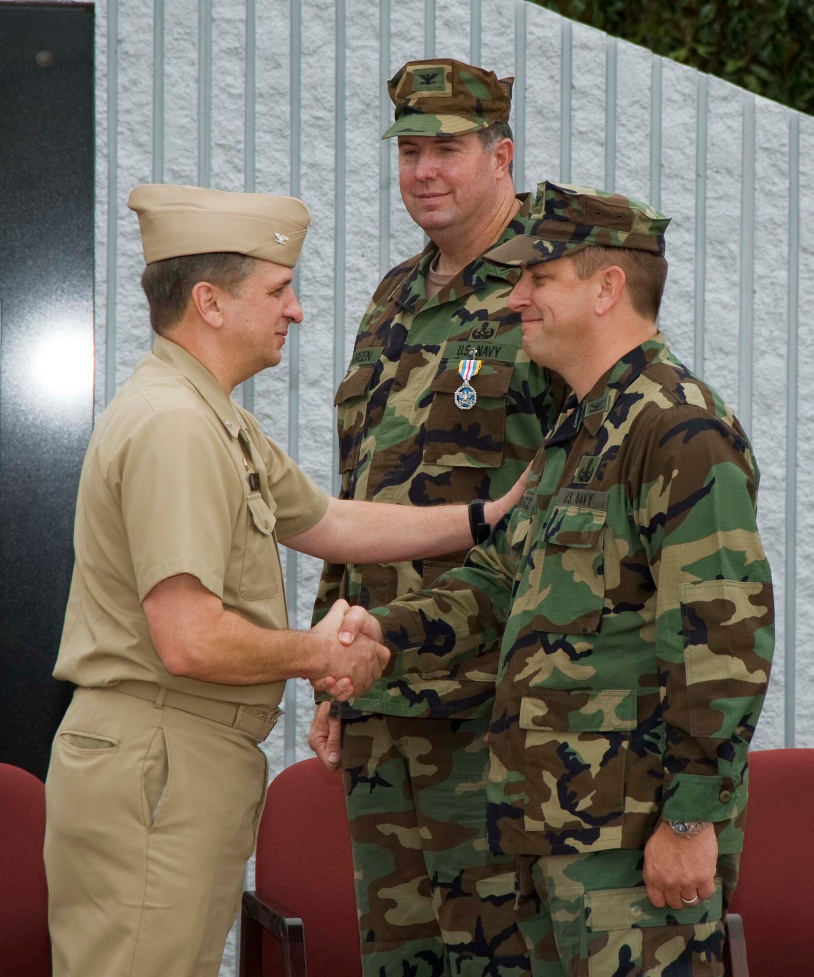 EGLIN AIR FORCE BASE, Fla. -- The change of command ceremony at the Naval School Explosive Ordnance Disposal on Nov. 7 marked the 24th change of leadership since the school's establishment. Capt. Adam Guziewicz, the incoming Commanding Officer, is taking the place of Capt. Thomas Green.(US Air Force photo/ Bruce Hoffman)