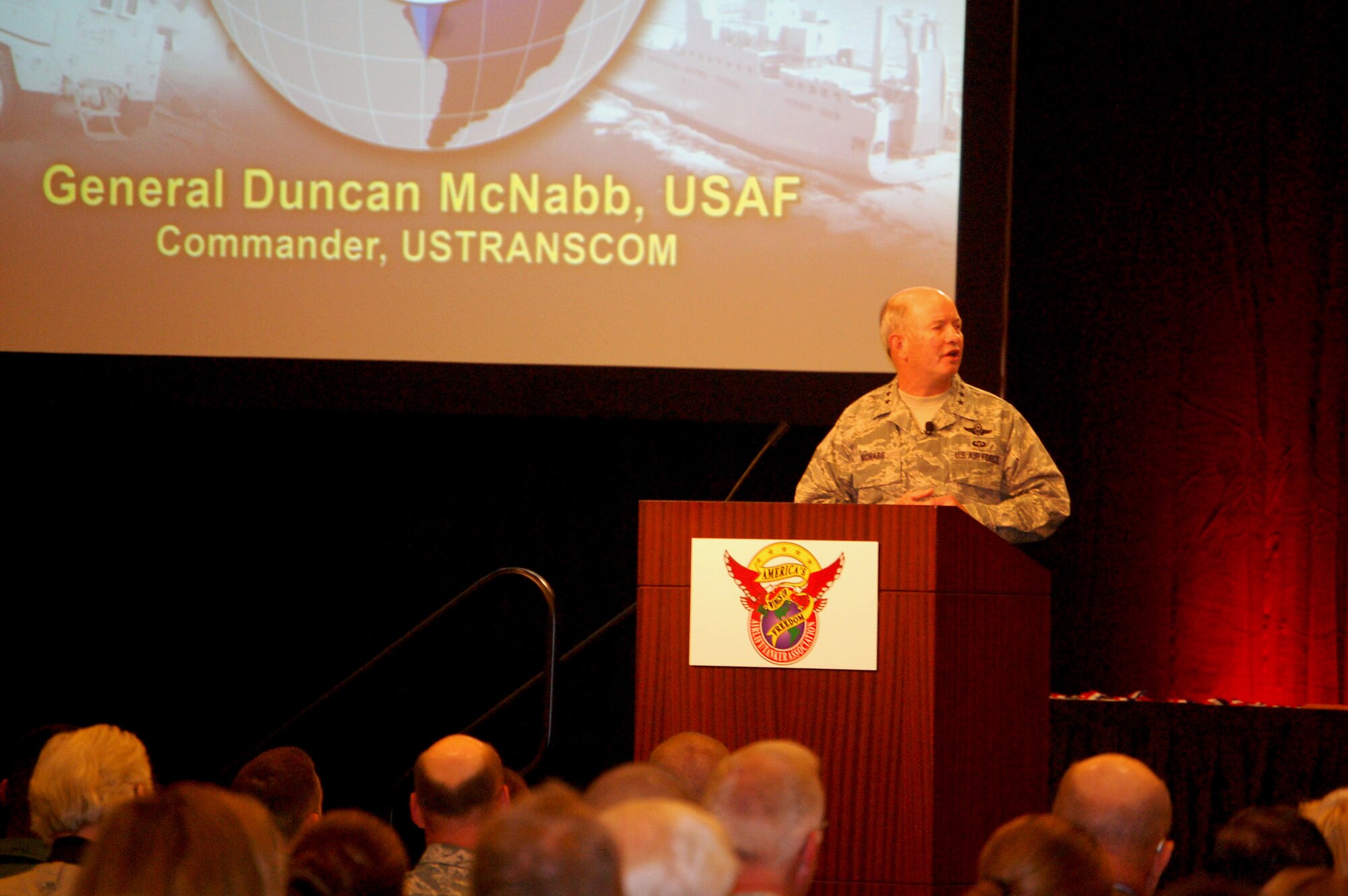 Gen. Duncan McNabb, U.S. Transportation Command commander at Scott Air Force Base, Ill., provides the opening address at the Airlift/Tanker Association convention in Anaheim, Calif., Nov. 7, 2008.  (U.S. Air Force Photo/Tech. Sgt. Scott T. Sturkol)