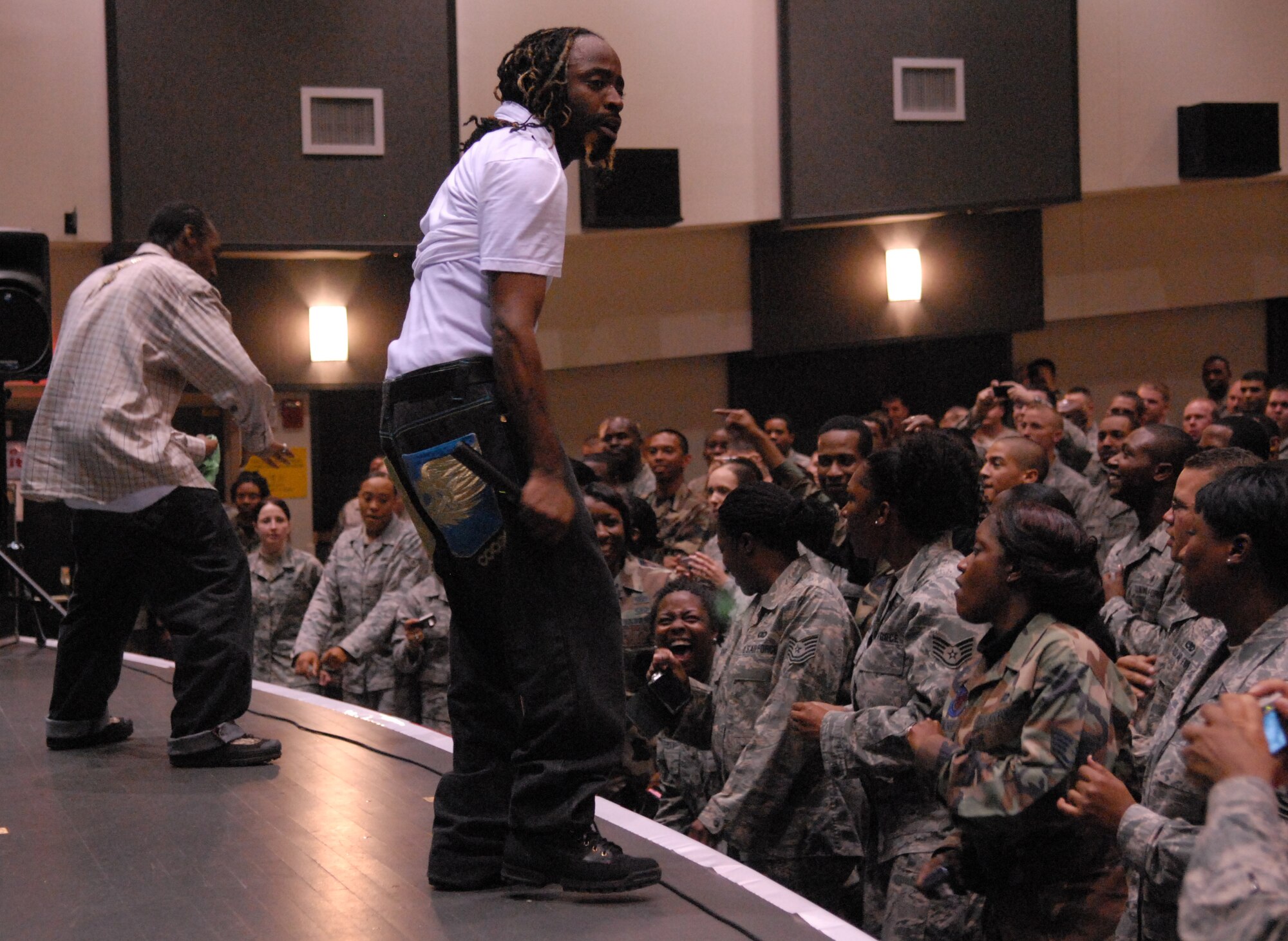 The Ying Yang Twins perform on stage during the United Service Organization Tour at Kunsan Air Base, Republic of Korea, Nov. 12, 2008. The USO is a private, nonprofit organization whose mission is to support the troops by providing morale, welfare and recreation-type services to servicemembers serving around the world.  (U.S. Air Force photo by: Senior Airman Gustavo Gonzalez) 
