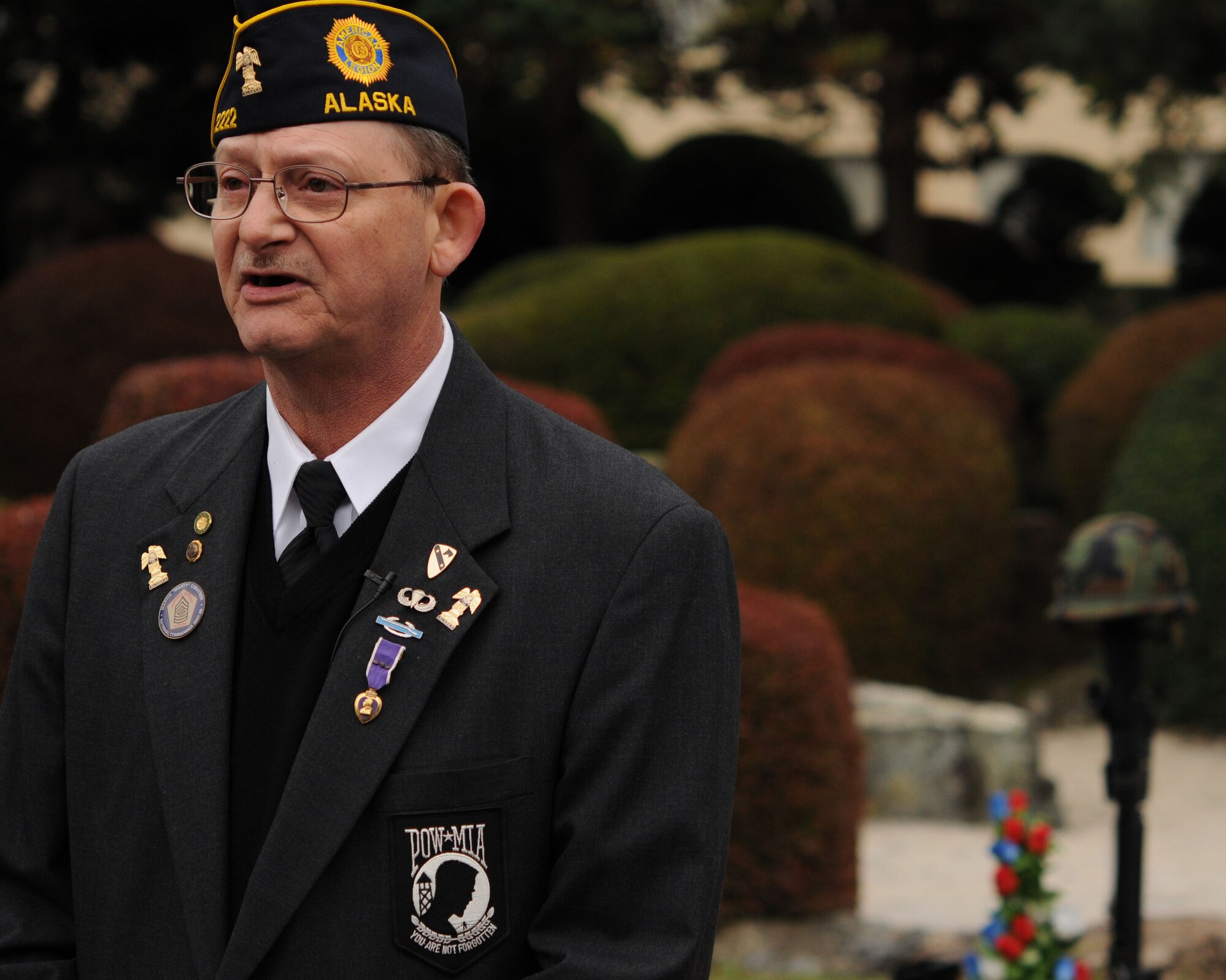 YOKOTA AIR BASE, Japan -- John Pierce, commander of American Legion Post 2222, is interviewed Nov. 11 following the Veterans Day ceremony his organization hosted here. The American Legion cermony was one of two conducted on Yokota.  The other was hosted by the Yokota chapter of the Veterans of Foreign Wars.  (U.S. Air Force photo by Senior Airman Brian Kimball)