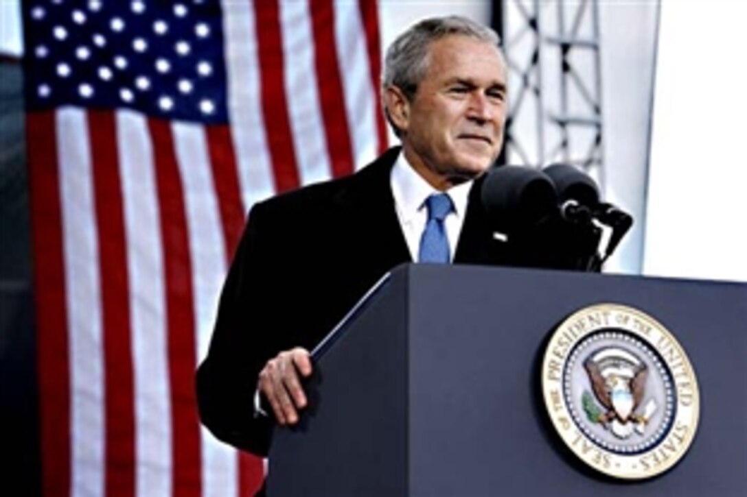 President George W. Bush gives remarks in honor of Veterans Day, Nov. 11, 2008, at the rededication ceremony of the Intrepid Sea, Air and Space Museum in New York. 