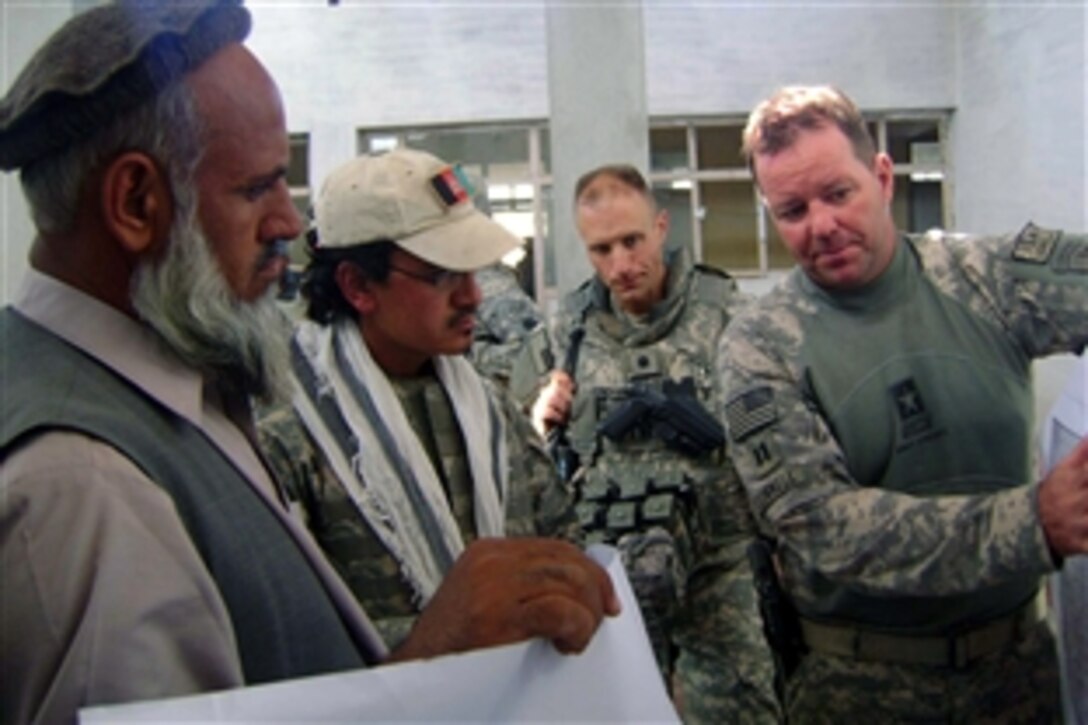 U.S. Army Capt. Timothy O'Donnell, right, and Lt. Col. Paul Donovan discuss the placement of development projects in the Hisarek District in the Nangarhar Province of Afghanistan, Nov. 8, 2008. O'Donnell and Donovan are assigned to the Nangarhar Provincial Reconstruction Team. The PRT is made up of soldiers and airmen from around the world and is charged with assisting the provincial government in improving security, governance and reconstruction. 