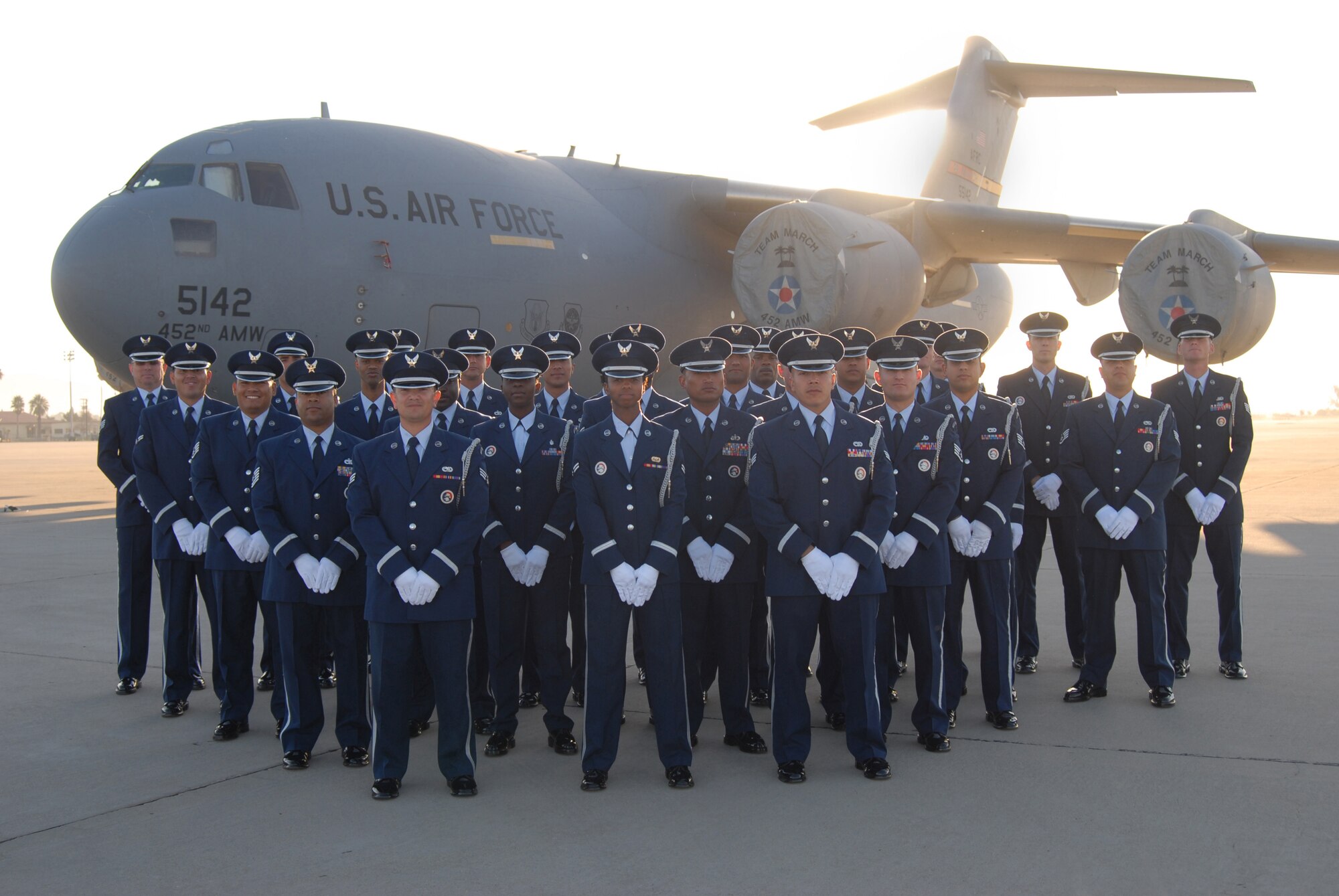 Twenty-seven honor guards graduated, Oct. 29, from the USAFHG Mobile Training Basic Protocol, Honors, and Ceremonies Course hosted by March ARB. Before graduation, students put their new skills to the test by conducting a mock funeral in front of friends, family, co-workers and observers. (U.S. Air Force photo by Will Alexander)

THE GRADUATES:

TSgt Michael L. Booker,
56th APS March ARB;

TSgt Marc L. Forshey,
50th APS March ARB;

TSgt Jonathan A. Gaygay,
163rd SVF March ARB;

TSgt Darryl M. Willingham,
452nd CES March ARB;

SSgt Hilda A. Agyemang,
163rd MDS March ARB;

SSgt Paul J. Barone,
163rd SFS March ARB;

SSgt Paul M. Connors,
95th FSS Edwards AFB;

SSgt Al K. Dupont,
163rd SVF March ARB;

SSgt Rueben Garcia,
56th APS March ARB;

SSgt Mario L. Gomez,
95th FSS Edwards AFB;

SSgt Jed L. Kutz,
56th APS March ARB;

SSgt Joseph A. Martinez,
452nd CES March ARB;

SSgt Dana S. Mikles,
452nd AMXS March ARB;

SSgt Marco A. Salinas,
95th FSS Edwards AFB;

SSgt Charles N. Sibus,
95th FSS Edwards AFB;

SSgt William D. Slusher,
412th Edwards AFB;

SSgt Marlon R. Taylor,
752nd AMXS March ARB;

SSgt Ernest Wheeler,
319th FSS Grand Forks AFB;

SrA Jonathan D. Centers,
452nd MXS March ARB;

SrA Oscar Cortes,
82nd APS Travis AFB;

SrA Ryan T. Dennis,
163rd MXS March ARB;

SrA Guillermo Guillen,
452nd MSS March ARB;

SrA Terrence I. Mananes,
163rd LRS March ARB;

SrA Cory T. Montgomery,
61st CELS LA AFB;

SrA Kyle G. Platt,
452nd CES March ARB;

A1C Jose F. Giron-Juarez,
163rd OSS March ARB;

A1C Zakia A. Webster,
163rd SVF March ARB