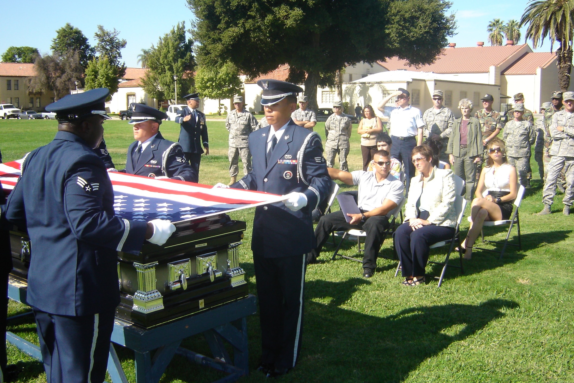 Twenty-seven honor guards graduated recently from the USAFHG Mobile Training Basic Protocol, Honors, and Ceremonies Course hosted by March ARB. Before graduation, students put their new skills to the test by conducting a mock funeral in front of friends, family, co-workers and observers. (U.S. AIr Force photo by Will Alexander)