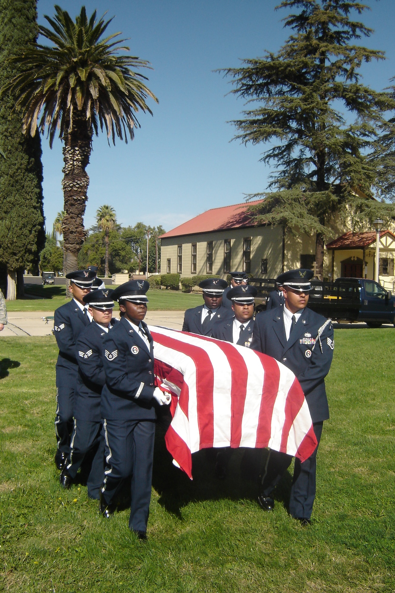 Twenty-seven honor guards graduated recently from the USAFHG Mobile Training Basic Protocol, Honors, and Ceremonies Course hosted by March ARB. Before graduation, students put their new skills to the test by conducting a mock funeral in front of friends, family, co-workers and observers. (U.S. AIr Force photo by Will Alexander)