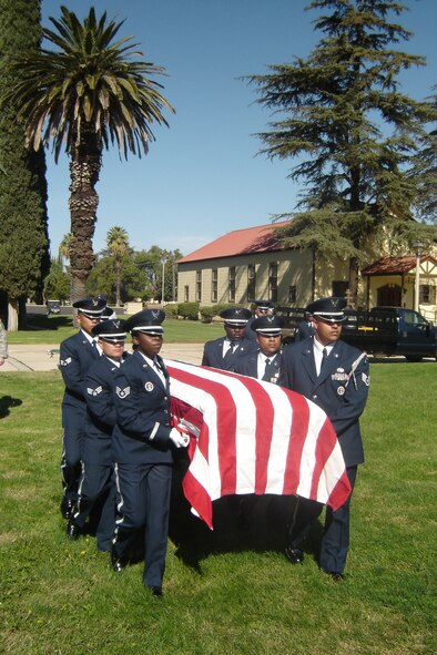 Twenty-seven honor guards graduated recently from the USAFHG Mobile Training Basic Protocol, Honors, and Ceremonies Course hosted by March ARB. Before graduation, students put their new skills to the test by conducting a mock funeral in front of friends, family, co-workers and observers. (U.S. AIr Force photo by Will Alexander)