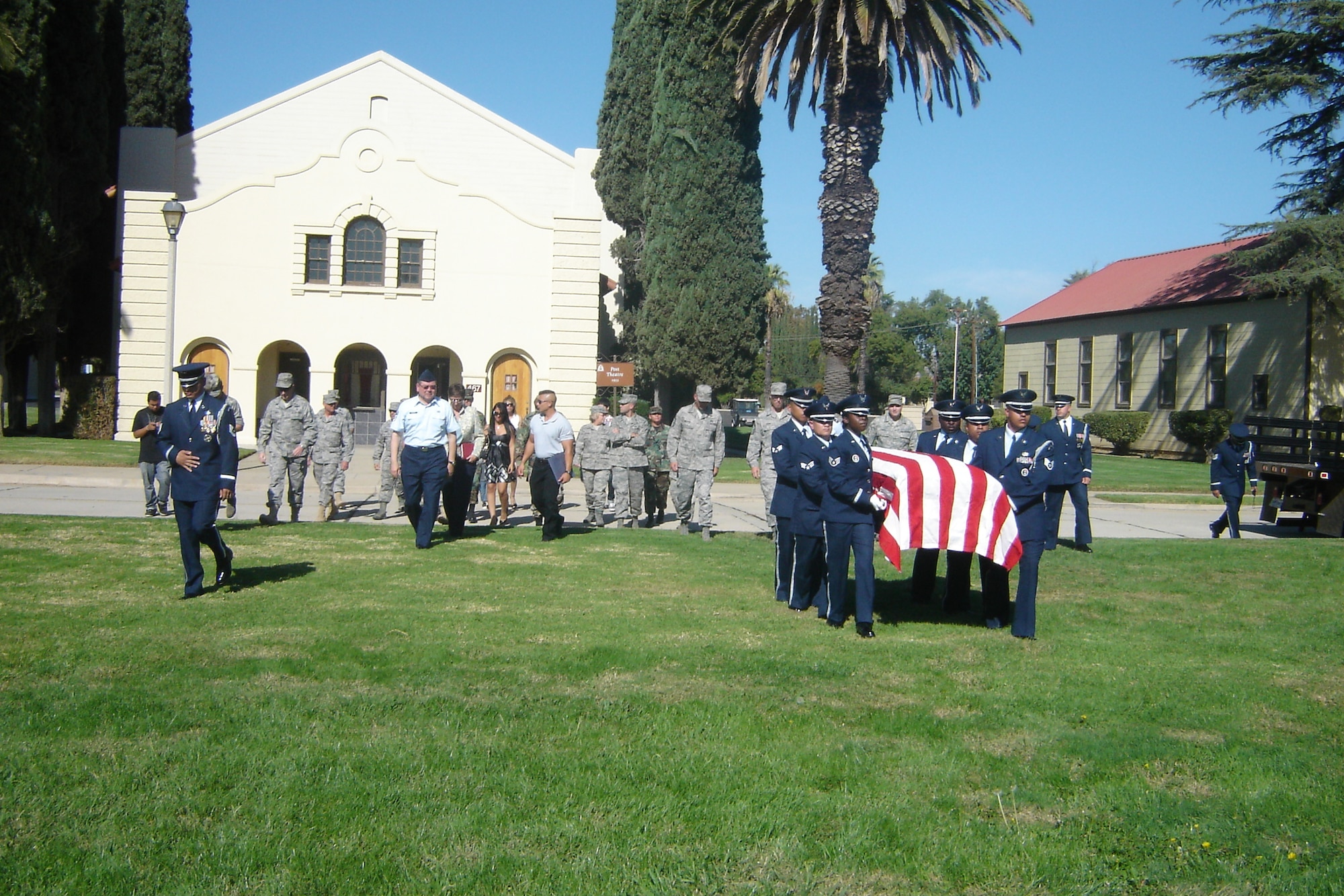 Twenty-seven honor guards graduated recently from the USAFHG Mobile Training Basic Protocol, Honors, and Ceremonies Course hosted by March ARB. Before graduation, students put their new skills to the test by conducting a mock funeral in front of friends, family, co-workers and observers. (U.S. AIr Force photo by Will Alexander)