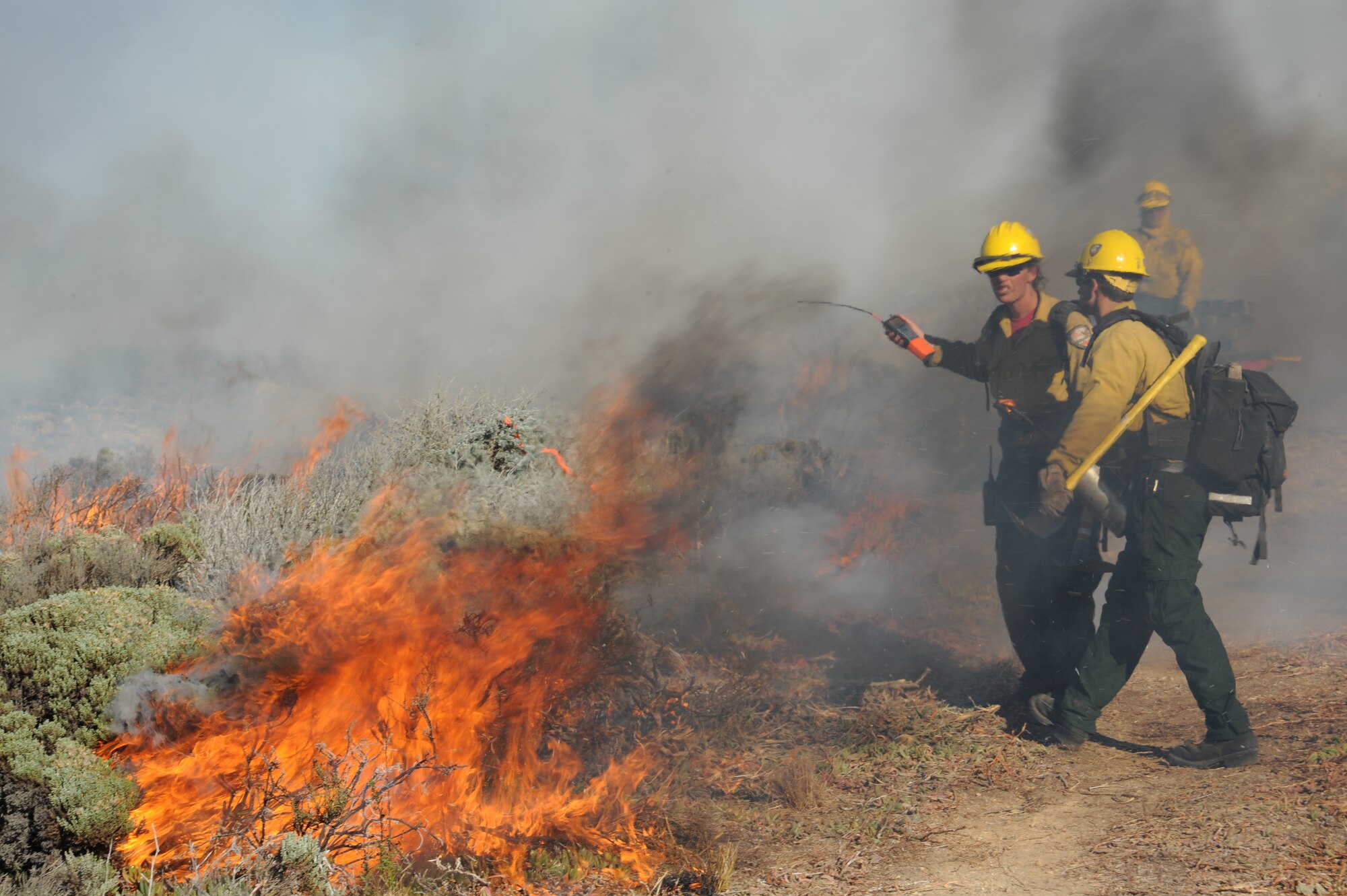 VANDENBERG AIR FORCE BASE, Calif. -- Firefighters from 30th Civil EngineeR Squadron watch the direction of the fire during a controlled burn to help enlarge the habitat for an endangered species of Western Snowy Plovers here Nov. 6.  (U.S. Air Force photo/Airman 1st Class Andrew Satran)
