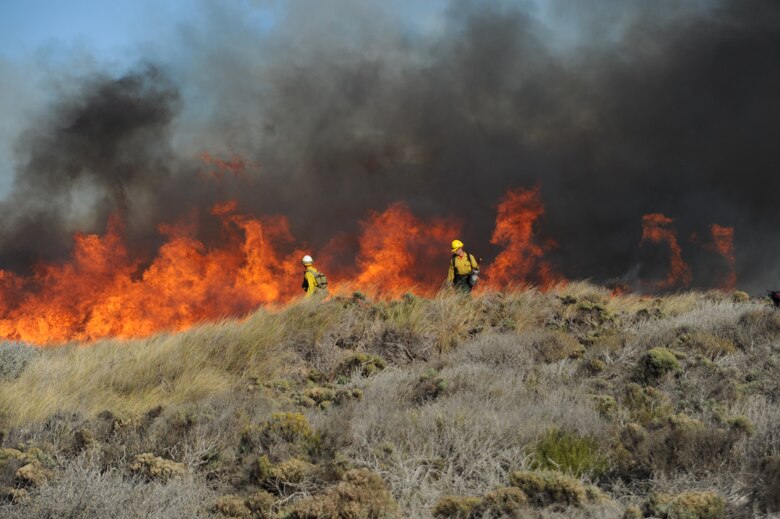 VANDENBERG AIR FORCE BASE, Calif.  -- Firefighters from the 30th Civil Engineer Squadron watch the direction of a controlled burn to help enlarge the habitat for an endangered species of Western Snowy Plovers here Nov. 6.  (U.S. Air Force photo/Airman 1st Class Andrew Satran)
