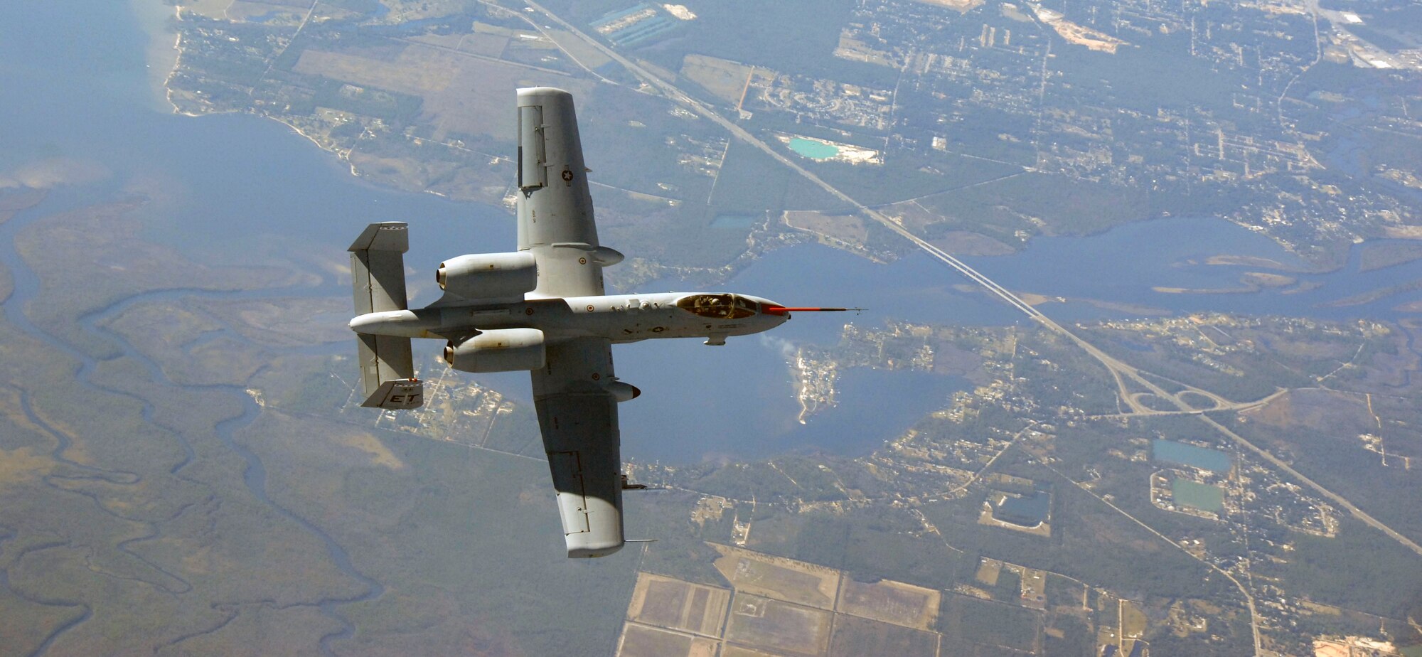 EGLIN AIR FORCE BASE, Fla. -- Maj. Matthew Domsalla, 40th FLTS A-10C pilot, flies the Warthog back to Eglin after successfully completing a historic mission. Major Domsalla tested the first ever integration and release of a GBU-54, or Laser Joint Direct Attack Muntion off the A-10C platform. (US Air Force photo/ Master Sgt. Joy Josephson)