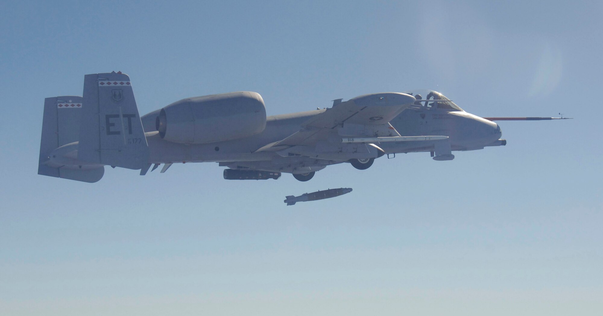 EGLIN AIR FORCE BASE, Fla. -- Maj. Matthew Domsalla, 40th FLTS A-10C pilot, makes the first ever drop of the GBU-54, or Laser Joint Direct Attack Munition, off the Warthog. This test proved a successful integration of the munition with the A-10, allowing for an outstanding precision targeting capability that will help the Air Force continue to provide precision engagement. (US Air Force photo/ Master Sgt. Joy Josephson)