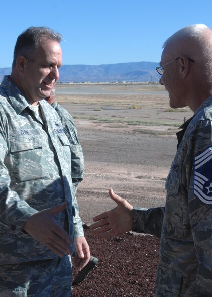 Several Chief Master Sergeants and squadron commanders from around the wing came to show their support for Senior Master Sgt. Scott Thomsen, 49th Operations Support Squadron, for his promotion to Chief Master Sergeant, Nov. 11, Holloman Air Force Base, N.M. The Air Force recently announced the names of 520 Senior Master Sergeants who were selected for promotion to Chief Master Sergeant. (U.S. Air Force photo/Senior Airman Anthony Nelson)