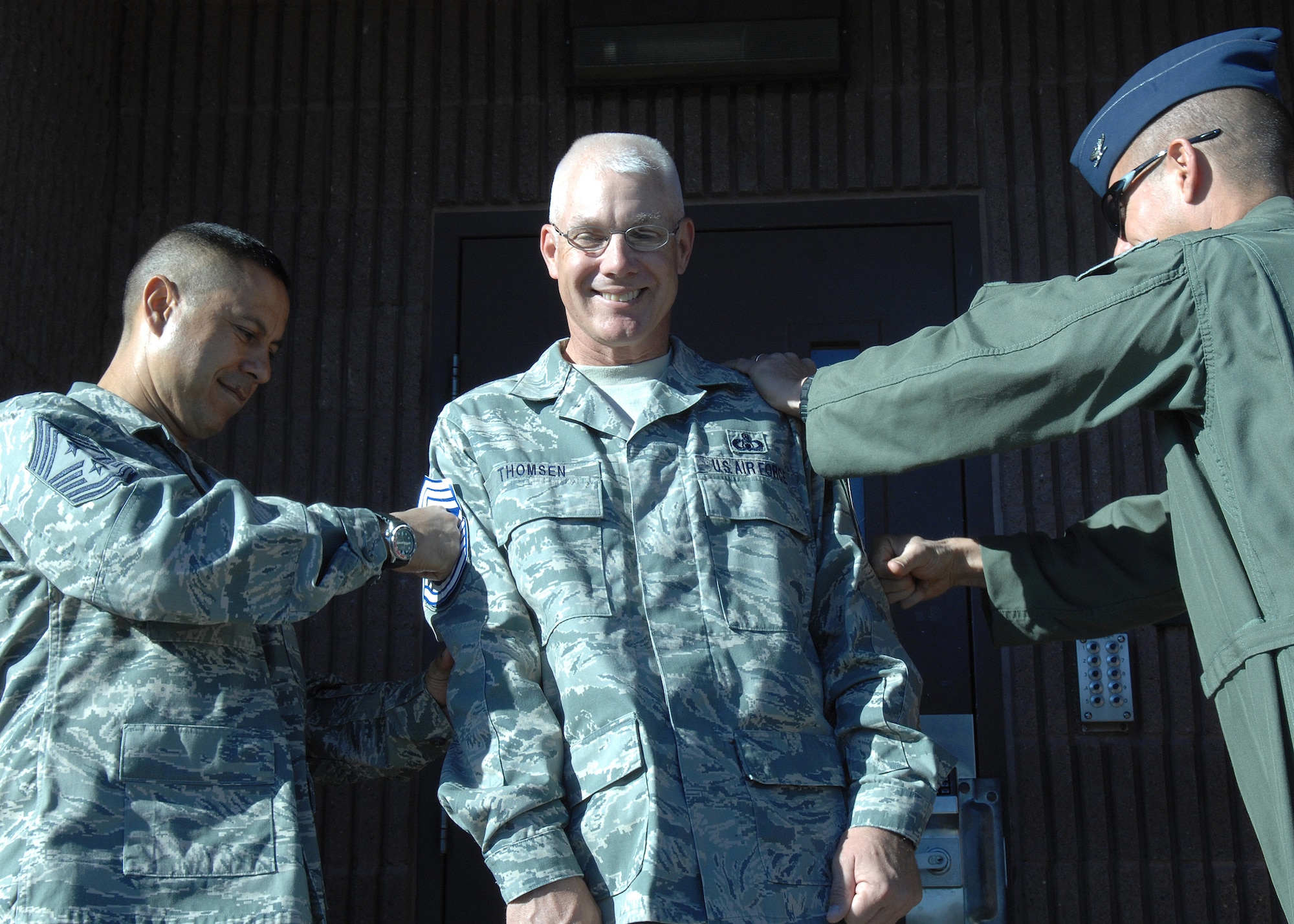 Several Chief Master Sergeants and squadron commanders from around the wing came to show their support for Senior Master Sgt. Scott Thomsen, 49th Operations Support Squadron, for his promotion to Chief Master Sergeant, Nov. 11, at Holloman Air Force Base, N.M. The Air Force recently announced the names of 520 Senior Master Sergeants who were selected for promotion to Chief Master Sergeant. (U.S. Air Force photo/Senior Airman Anthony Nelson)