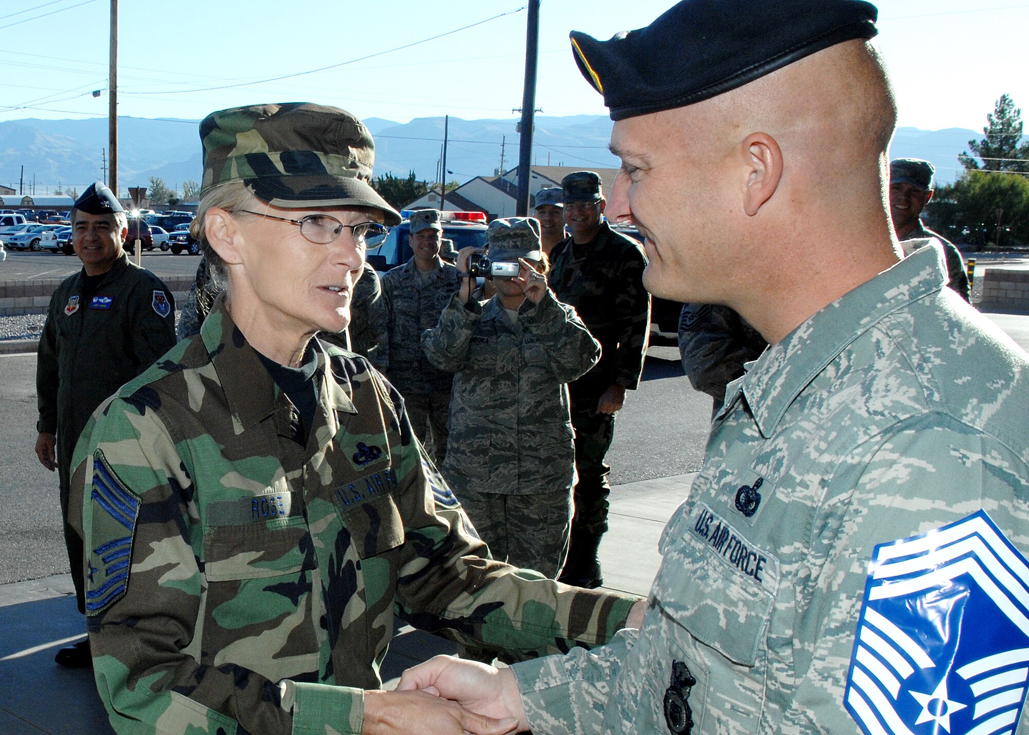 Chief Master Sgt. Kathleen Rose, 49th Material Maintenance Group, congratulates Senior Master Sgt. Timothy McLaughlin, 49th Security Forces Squadron, for his promotion to Chief Master Sergeant, Nov. 11, Holloman Air Force Base, N.M. The Air Force recently announced the names of 520 Senior Master Sergeants who were selected for promotion to Chief Master Sergeant. (U.S. Air Force photo/ Senior Airman Anthony Nelson)
