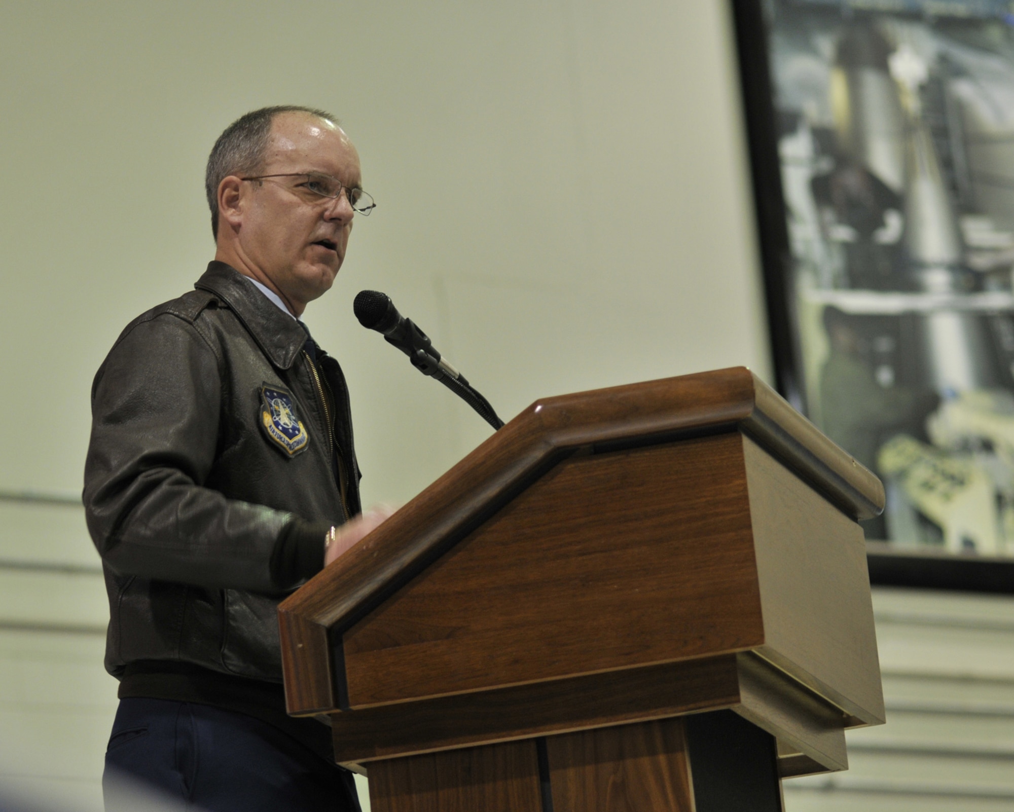Col. Michael Fortney, 341st Missile Wing Commander, discusses the way ahead with his team following the NSi/ORI out brief Nov. 10. The wing will be reinspected on deficiencies found within 90 days. (U.S. Air Force photo/John Turner)