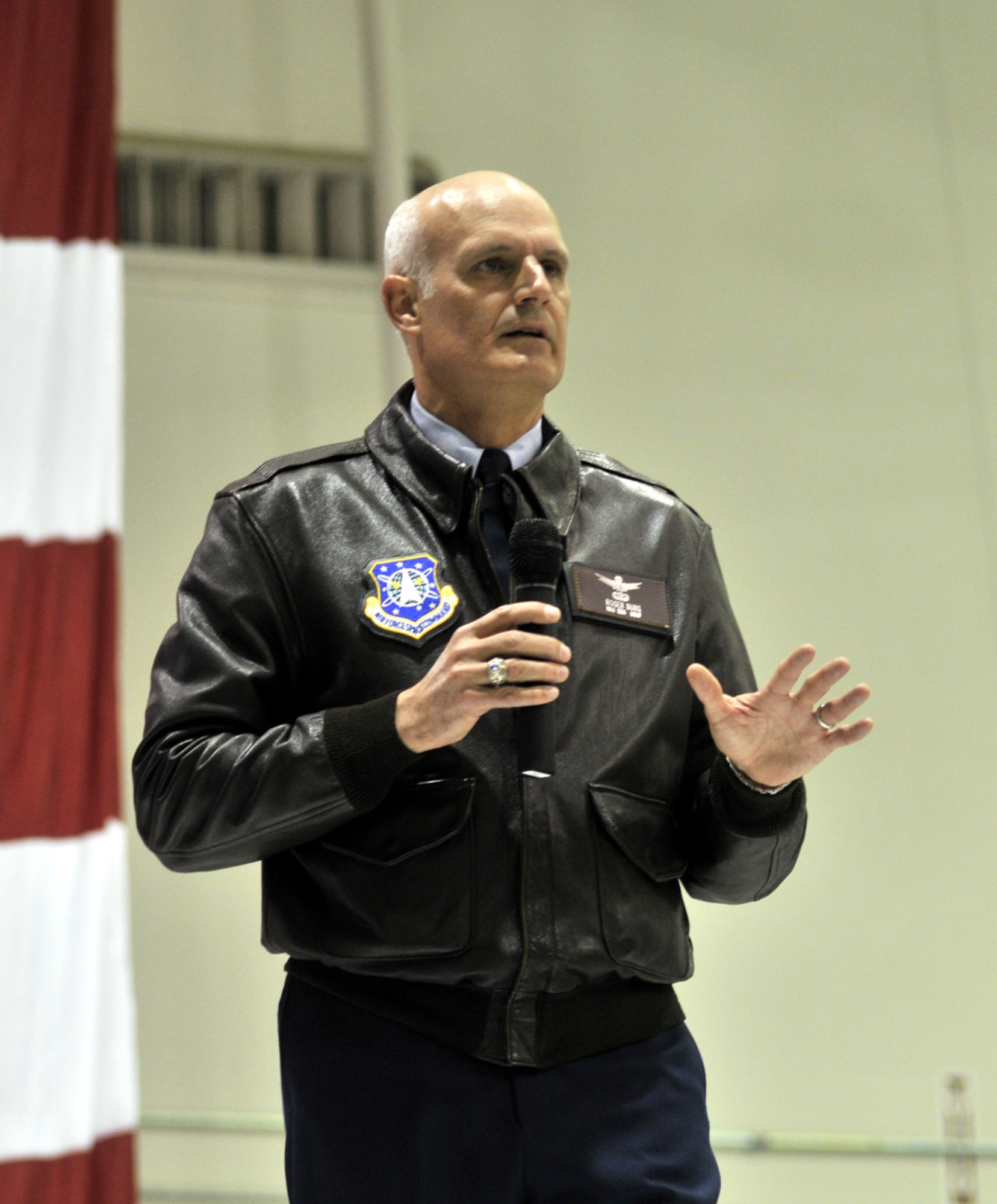 Maj. Gen. Roger Burg, 20th Air Force commander, speaks to the members of the 341st Missile Wing following the reading of the inspection results by Air Force Space Command Inspector General staff Nov. 10. (U.S. Air Force 