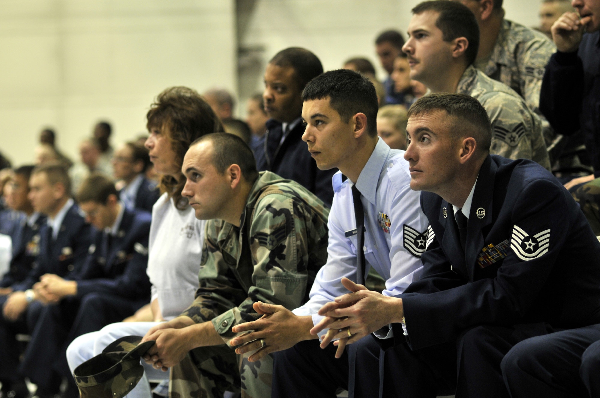 Members of the 341st Missile Wing listen intently to the findings of the 15-day NSI/ORI during the Air Force Space Command Inspector General out brief Nov. 10 in the 3-Bay Hangar. (U.S. Air Force photo/John Turner)