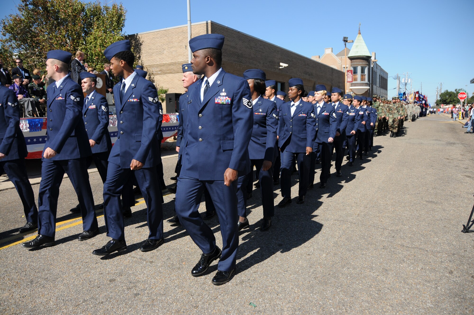 Keesler airmen pass the reviewing stand in Saturday’s Gulf Coast Veterans Day Parade.