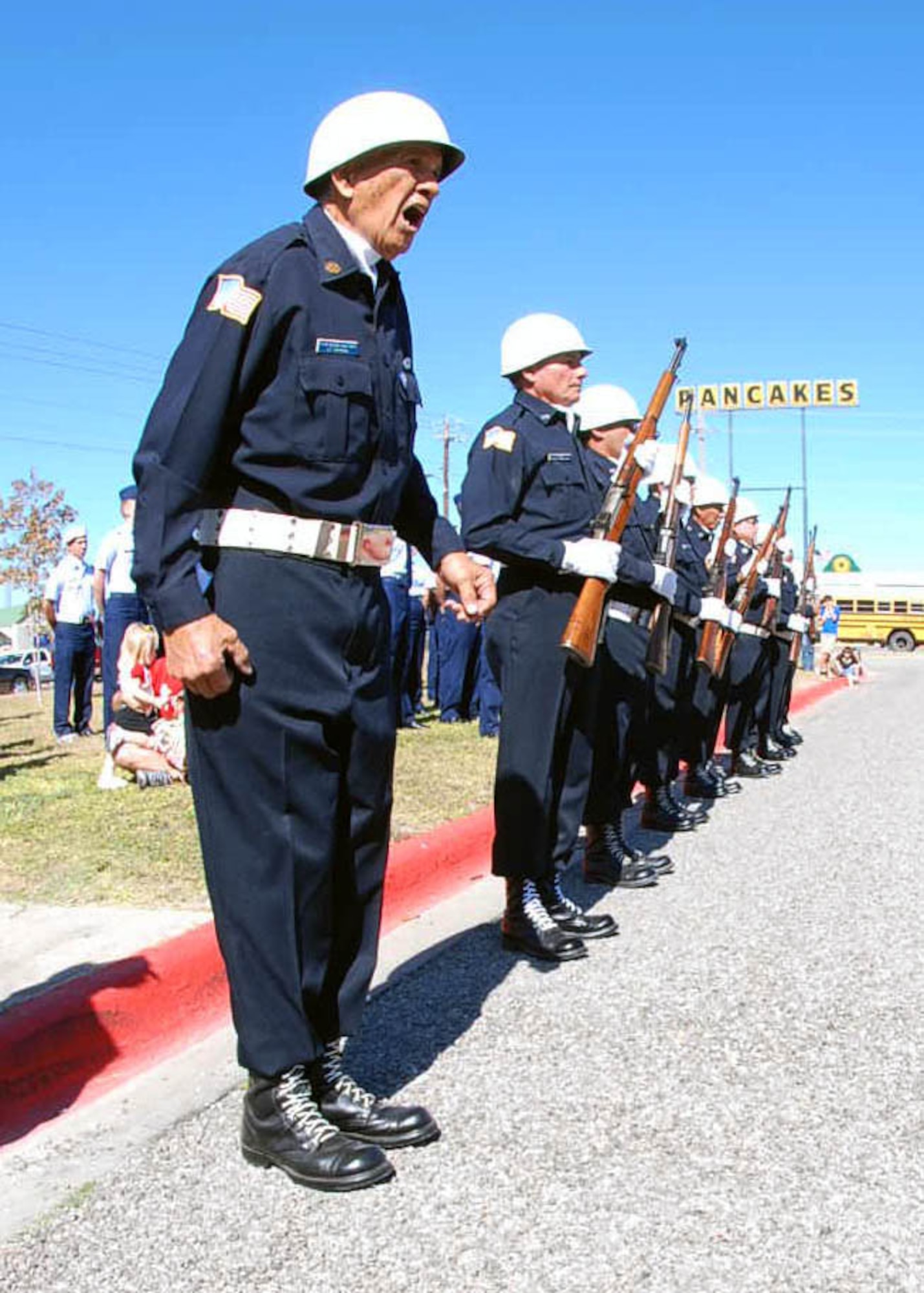 LAUGHLIN AIR FORCE BASE, Texas – Jesse Cardenas, San Felipe Del Rio Honor Guard, calls flight commands during the annual Veteran’s Day ceremony in Del Rio November 11. (U.S. Air Force photo by Airman 1st Class Sara Csurilla)