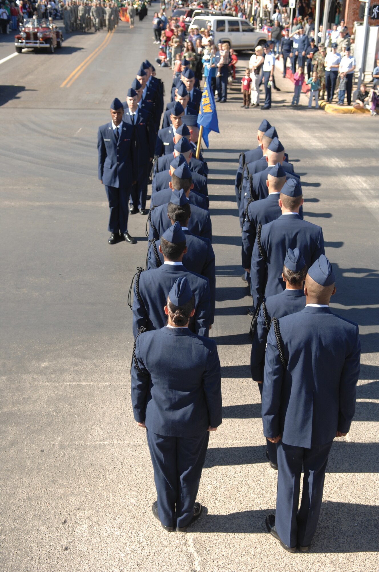 Members of the Goodfellow Air Force Base Black Rope Drill Team, composed of technical training student Airmen from the 17th Training Group, performed several times during the course of the Veterans Day Parade Nov. 8 in San Angelo. (U.S. Air Force photo by Tech. Sgt. John Barton)