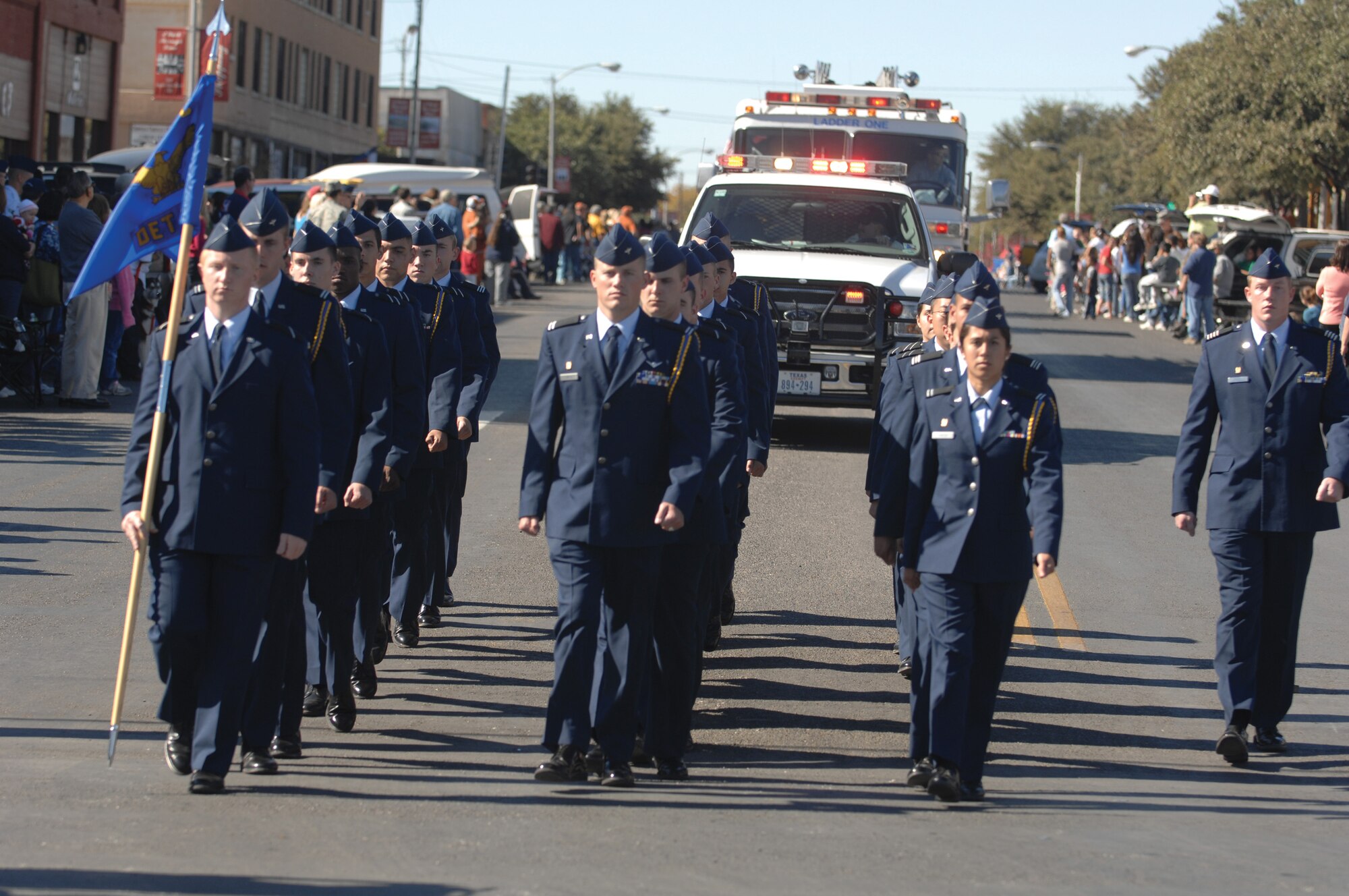 Cadets from Air Force Reserve Officer Training Corps Detachment 847 at Angelo State University march in formation during the Veterans Day Parade Nov. 8 in San Angelo. (U.S. Air Force photo by Tech. Sgt. John Barton)