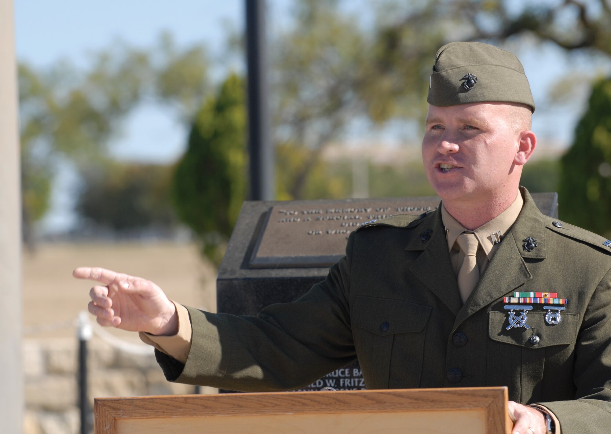 Capt. Hank Billings, Marine Corps Detachment Goodfellow officer in charge, was the guest speaker at the Veterans Day Memorial Nov. 8 at San Angelo Regional Airport Mathis Field. (U.S. Air Force photo by Master Sgt. Randy Mallard)