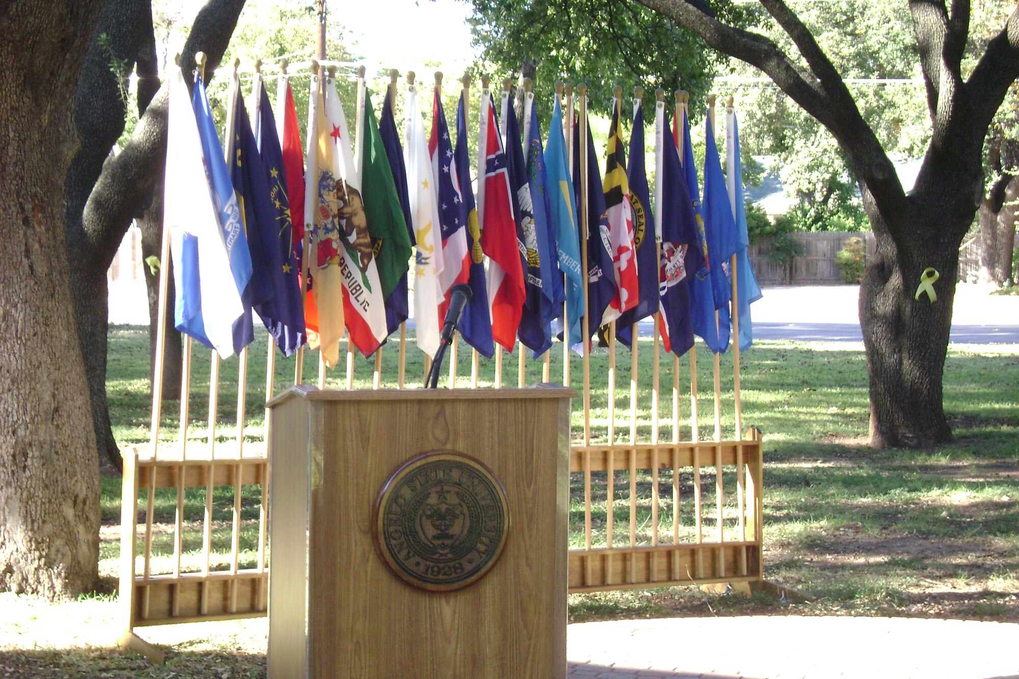Flags of the states stand behind the podium at the Air Force ROTC Det. 847 / Arnold Air Society Veterans Day Vigil Nov. 7. at Angelo State University. (U.S. Air Force photo by Air Force ROTC Cadet 3rd Class Christine Boswell)