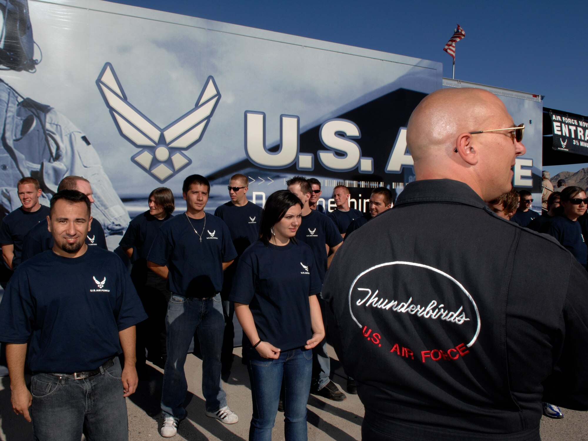 Staff Sgt. Jason Wildman, a recruiter assigned to the U.S. Air Force Air Demonstration Squadron, the Thunderbirds, briefs Air Force delayed entry program recruits before they take their oath of enlistment during an air show at Nellis Air Force Base, Nev., Nov. 8, 2008.The Nellis AFB air show showcased the 21st-century Air Force’s capabilities in air, space and cyberspace. The show, held Nov. 8-9. is the largest aviation event in Las Vegas and the largest free public event in Nevada.
(U.S. Air Force Photo/Senior Airman Larry E. Reid Jr.)