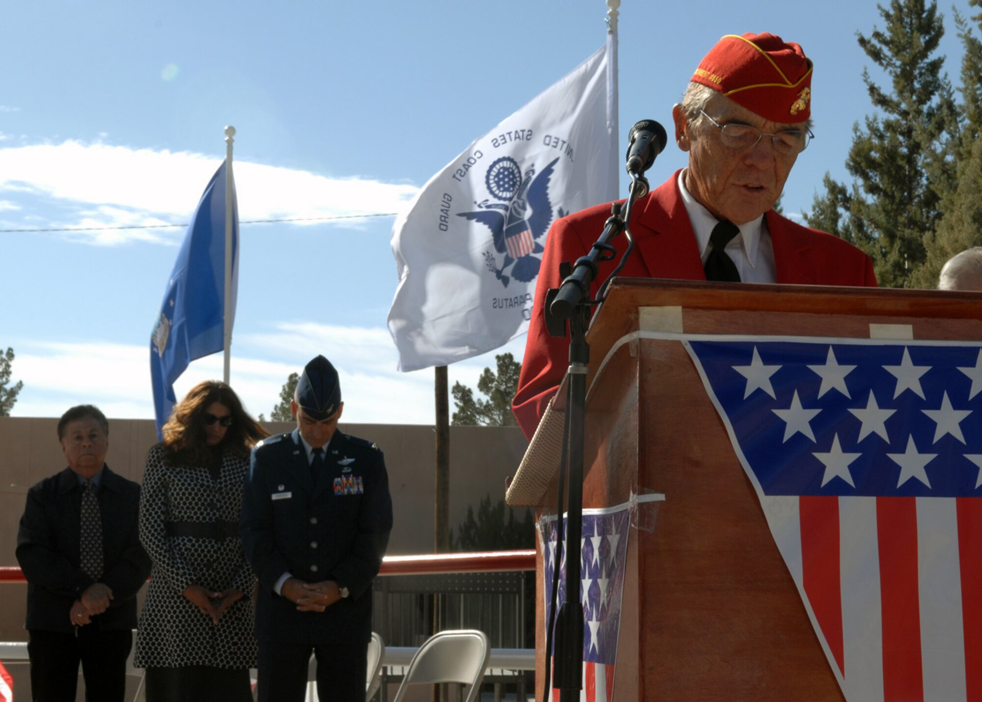 Richard Frazier, United States Marine Corps League Chaplain, gives an invocation to all the veterans and supporters who attended the Veterans Day Observance in Tularosa, N.M., Nov. 11. As part of the ceremony, a blessing was given to veterans from all branches of the military in honor of Veterans Day. (U.S. Air Force/Airman 1st Class Veronica Salgado)