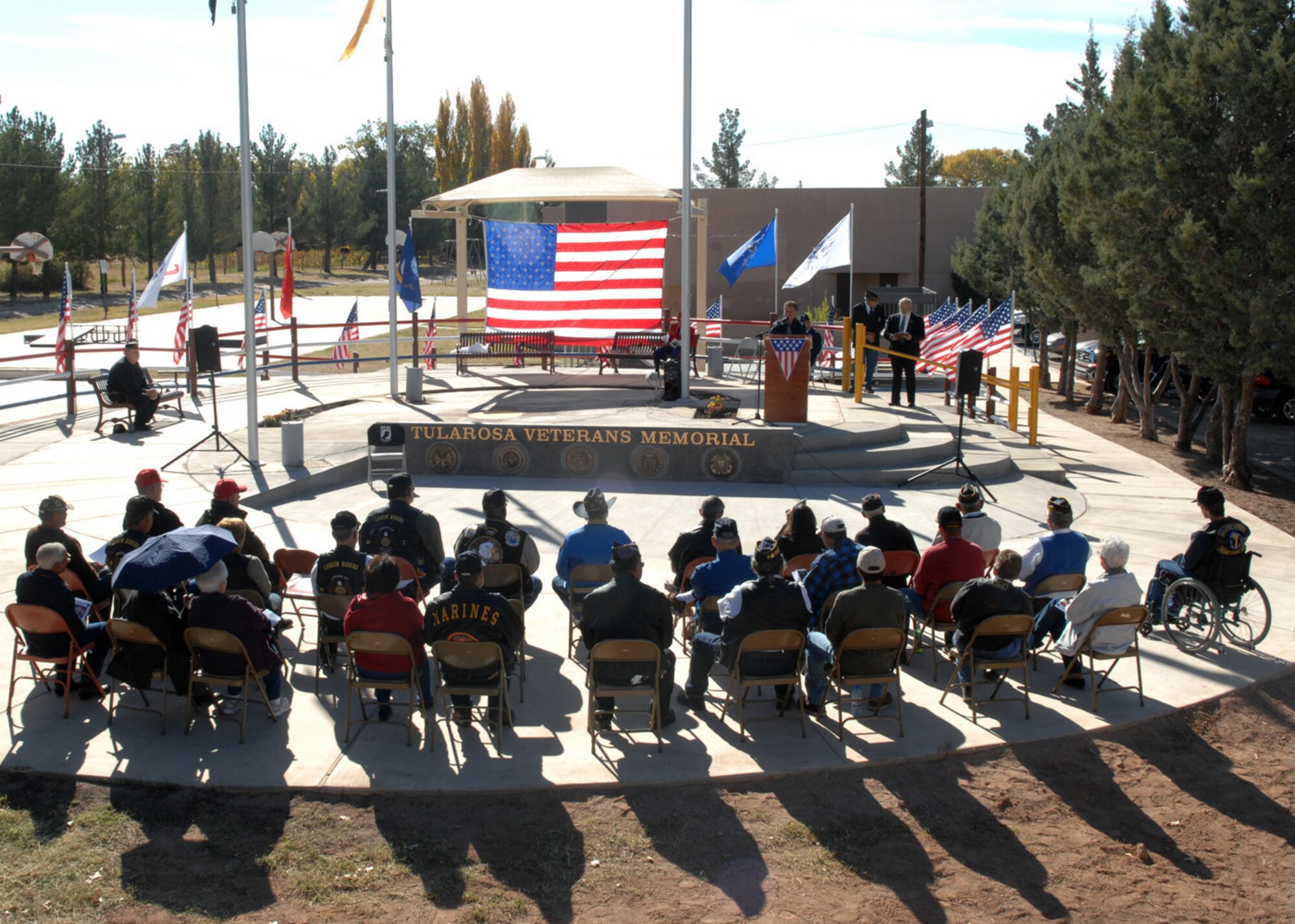 Veterans from around New Mexico joined together at the Tularosa Veterans Memorial Park, N.M., to commemorate all military members that have served the country, Nov. 11. Guest speakers gave speeches to honor all veterans during the Veterans Day Observance. (U.S. Air Force photo/Airman 1st Class Veronica Salgado)
