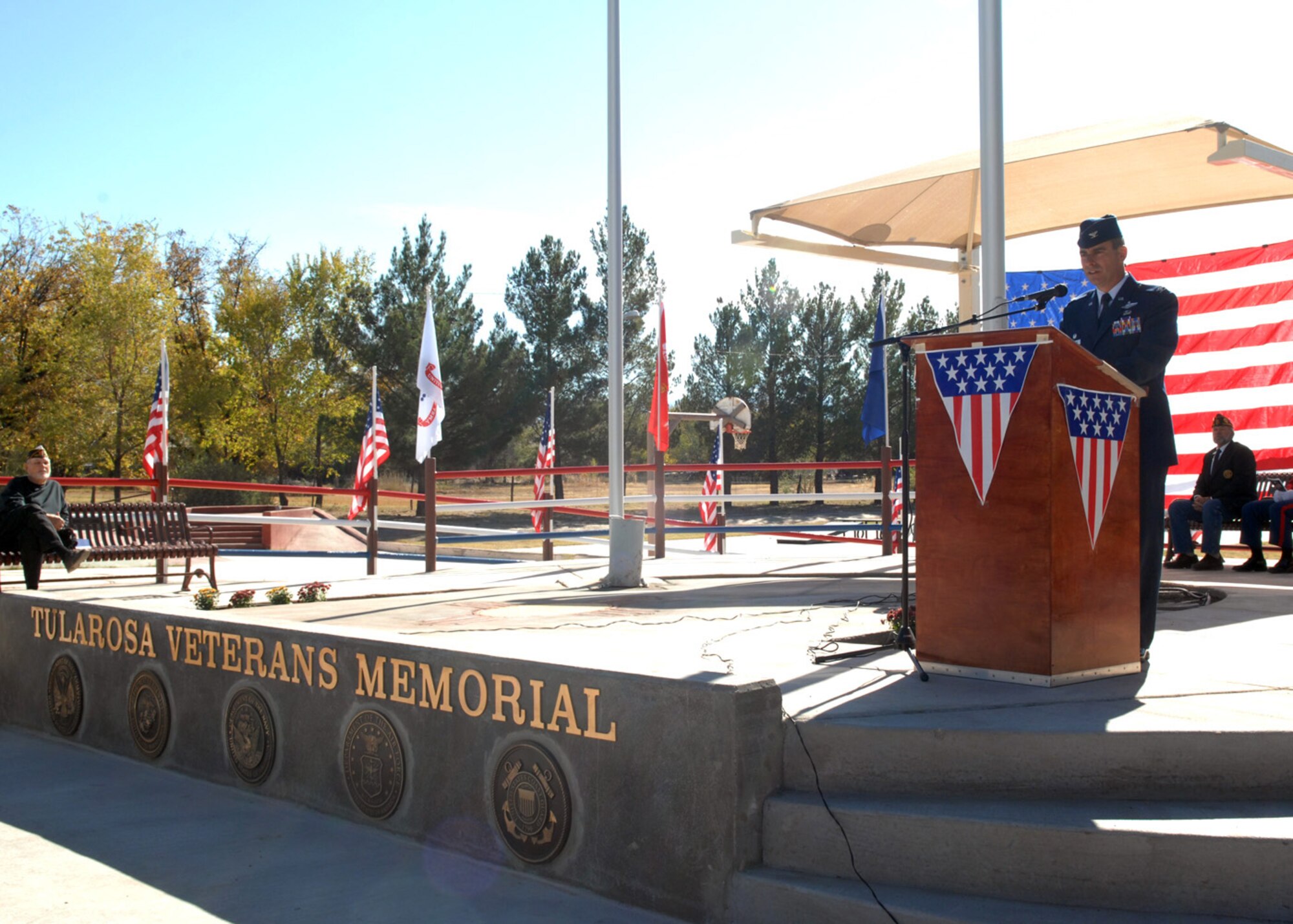 Col. Jeff Harrigian, 49th Fighter Wing commander at Holloman Air Force Base, N.M., gives a speech for all veterans who have served during times of war at the Veterans Day Obervance in Tularosa, N.M., Nov.11. Colonel Harrigian was one many guest speakers who attended the ceremony at the Tularosa Veterans Memorial Park. (U.S. Air Force photo/Airman 1st Class Veronica Salgado)