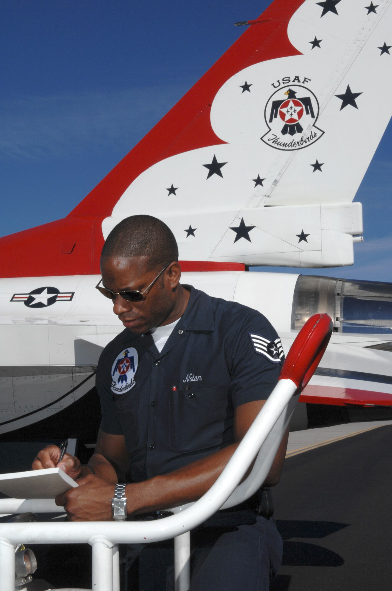 Staff Sgt. Henry Nolan Jr., U.S. Air Force Air Demonstration Squadron, the Thunderbirds, quality assurance, finalizes his aircraft inspection prior to the Thunderbirds performance during the air show at Nellis Air Force Base, Nev., Nov. 8, 2008.The Nellis AFB air show showcased the 21st-century Air Force’s capabilities in air, space and cyberspace. The show, held Nov. 8-9. is the largest aviation event in Las Vegas and the largest free public event in Nevada.
(U.S. Air Force Photo/Senior Airman Larry E. Reid Jr.)