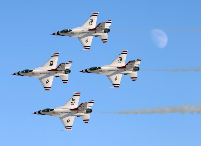 F-15 Fighting Falcons assigned to the U.S. Air Force Air Demonstration Squadron, The Thunderbirds, fly in formation during the air show at Nellis Air Force Base, Nev., Nov. 8, 2008. The Nellis AFB air show showcased the 21st-century Air Force’s capabilities in air, space and cyberspace. The show, held Nov. 8-9. is the largest aviation event in Las Vegas and the largest free public event in Nevada.(U.S. Air Force Photo/Senior Airman Larry E. Reid Jr.)
