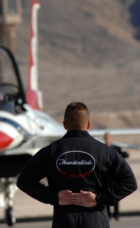 A member of the U.S. Air Force Air Demonstration Squadron, The Thunderbirds, stands at the position of parade rest during the air show at Nellis Air Force Base, Nev., Nov. 8, 2008. The Nellis AFB air show showcased the 21st-century Air Force’s capabilities in air, space and cyberspace. The show, held Nov. 8-9. is the largest aviation event in Las Vegas and the largest free public event in Nevada.(U.S. Air Force Photo/Senior Airman Larry E. Reid Jr.)