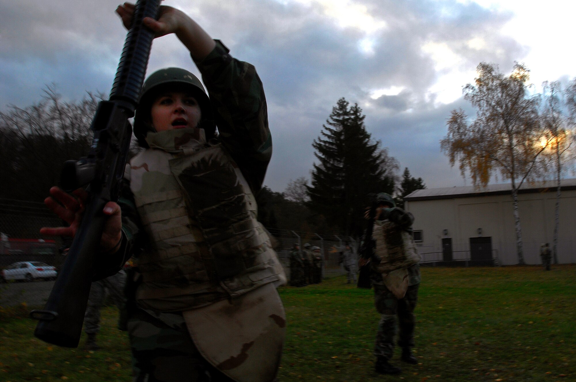 Airman 1st Class Beraiah Sprague, 435th Munitions Squadron, performs a right block with her riffle during combat skills training Nov. 12, 2008, Einseidlerhof, Germany. Airmen participated in a two day Combat Skills Training course in preparation for deployment. (U.S. Air Force photo Airman 1st Class Kenny Holston)