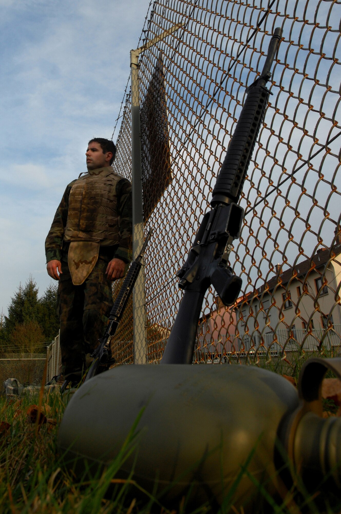 Senior Airman Terry Vangelder, 435th Communications Squadron, takes a second to catch his breath after performing rush and roll drills during Combat Skills Training Nov. 12, 2008, Einseidlerhof Air Station, Germany. Airmen participated in a two day Combat Skills Training course in preparation for deployment. (U.S. Air Force photo Airman 1st Class Kenny Holston)