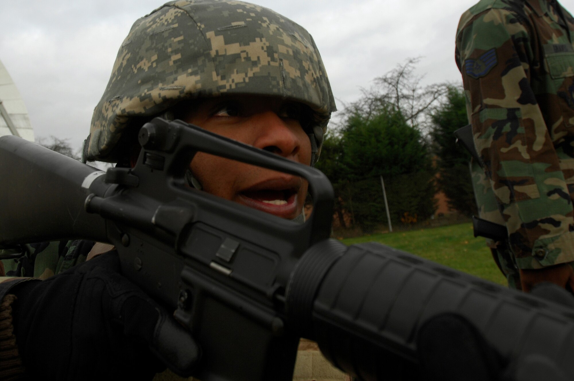 Senior Airman James Whyte, 435th Communications Squadron, performs a challenging portion of Combat Skills Training Nov. 12, 2008, Einseidlerhof, Germany. Airmen participated in a two day Combat Skills Training course in preparation for deployment. (U.S. Air Force photo Airman 1st Class Kenny Holston)