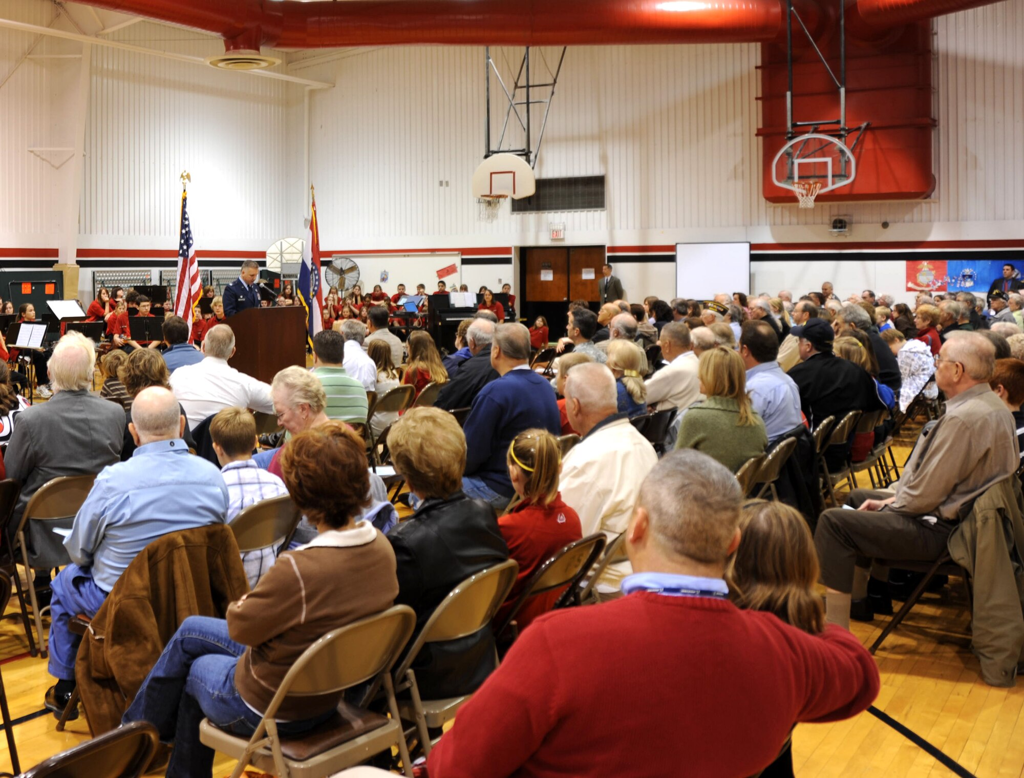 Col. John C. Flournoy, Jr., was the guest speaker for a special Veteran's Day event with students, faculty, veterans, and the public at Fort Zumwalt's South Middle School district in Missouri. The Colonel is the commander of the 932nd Airlift Wing, Air Force Reserve, located at Scott Air Force Base near Belleville, Ill. (U.S. Air Force photo/Tech. Sgt. Gerald Sonnenberg)