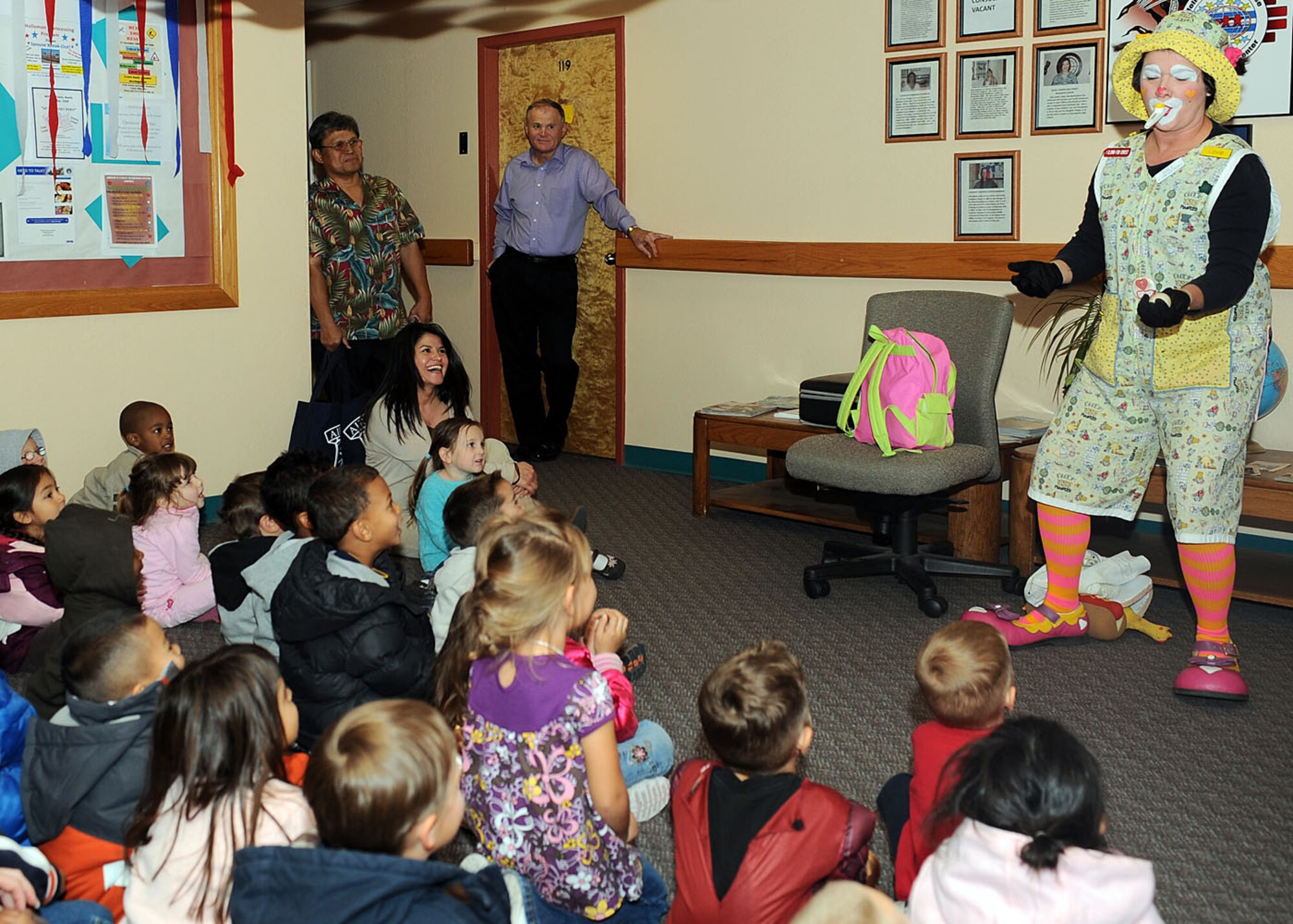 The Airman and Family Readiness Center provided a clown for entertainment for the children who attended the Military Family Month Appreciation celebration, Nov. 7, at Holloman Air Force Base, N.M. The clown performed and told stories for the children. (U.S Air Force Photo/ Airman 1st Class DeAndre Curtiss)