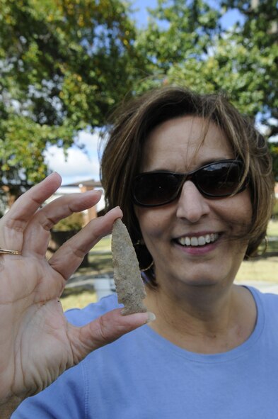 Argen Edwards was excited to be told at the artifact ID that an arrowhead she found near the Flint River is around 10,000 years old. U. S. Air Force photo by Sue Sapp