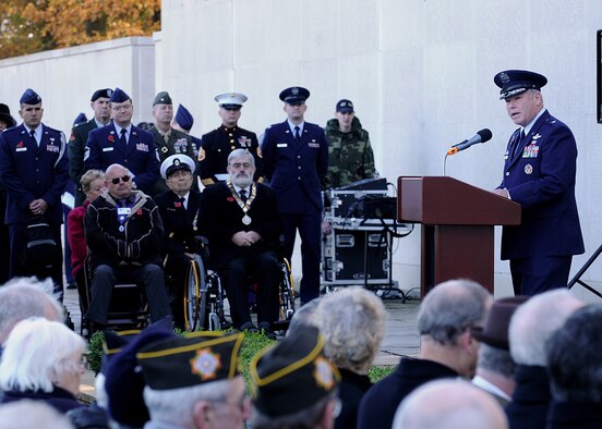 Brig. Gen. Kevin Henabray, Mobilization Assistant to the Commander of the 3rd Air Force, stationed at Ramstein Air Base, Germany, offers words of remembrance at the Cambridge American Cemetery during the Veterans Day Ceremony Nov. 12, 2008. (U.S. Air Force photo by Staff Sgt. Jerry Fleshman)