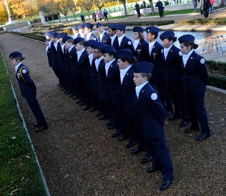 RAF Alconbury’s High School Junior Reserve Officers Training Corps stands at parade rest during the Veterans Day Ceremony held at Cambridge American Cemetery Nov. 12, 2008, at Cambridge, England. The ceremony was held to honor all servicemen and women who served in the United States military, and especially those who paid the ultimate price while fighting for our freedom. (U.S. Air Force photo by Staff Sgt. Jerry Fleshman)