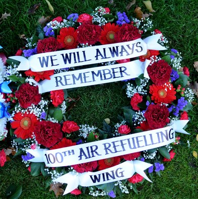 The 100th Air Refueling Wing dedicates a wreath that reads, “We Will Always Remember” to all veterans during the Veterans Day ceremony held at the Cambridge American Cemetery Nov. 12, 2008, Cambridge, England. Veterans Day honors all men and woman who has served in the United States military, and especially those who paid the ultimate price while fighting for freedom. (U.S. Air Force photo by Staff Sgt. Jerry Fleshman)