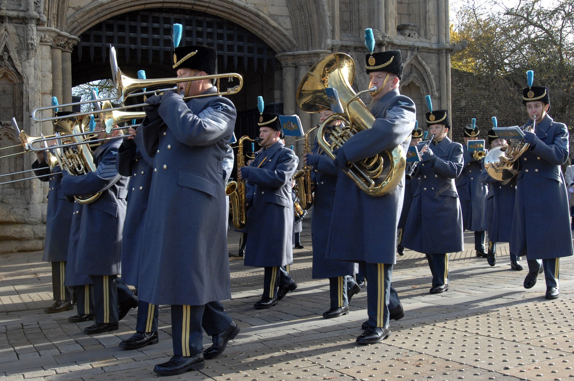 The Central Band of the Royal Air Force plays during the Remembrance Day ceremony at Angel Hill, Bury St. Edmunds Nov. 9, 2008. Remembrance Day originally started to honor those who lost their lives or were injured during World War I with the tradition of wearing red poppies on civilian clothing and laying poppy wreaths at memorial sites. (U.S. Air Force photo by Senior Airman Teresa M. Hawkins)