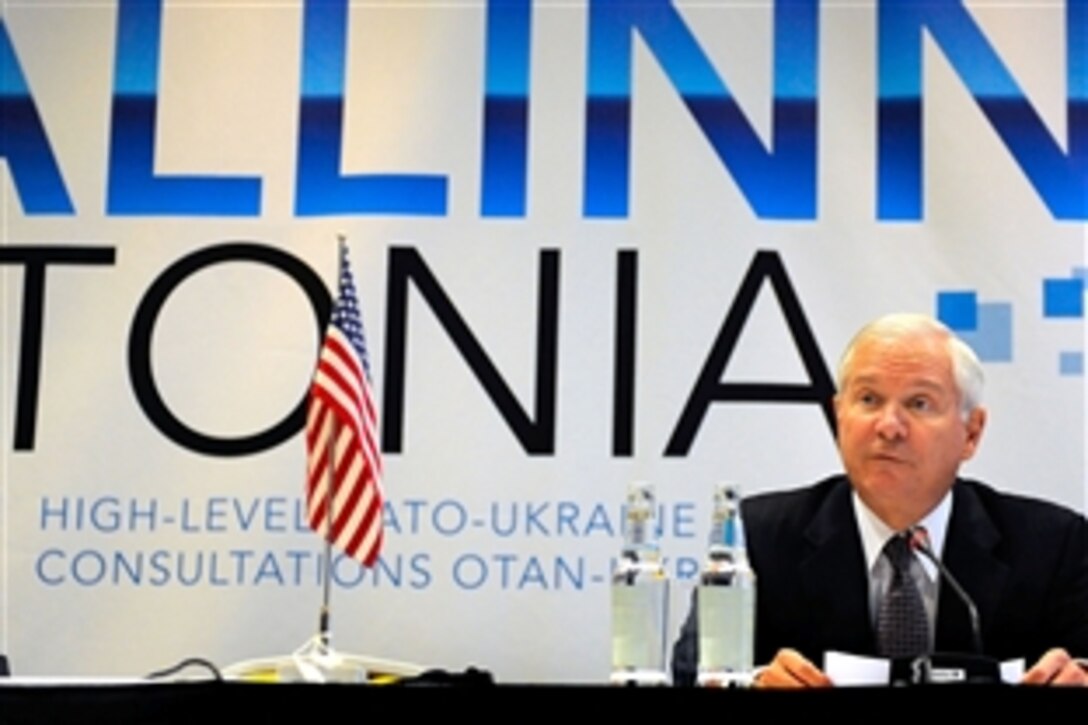 U.S. Defense Secretary Robert M. Gates holds a press conference after the Tallinn High-Level NATO-Ukraine Consultations in Tallinn, Estonia, Nov. 13, 2008.